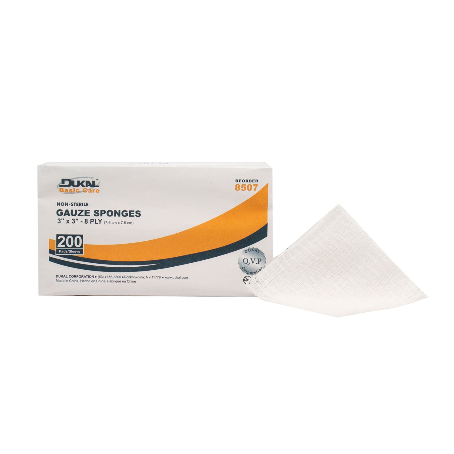 8507 - Dukal Corporation - Esponja de gasa, 3" x 3", no estéril, 8 capas, 200/bolsa, 20 bolsas/caja, caja