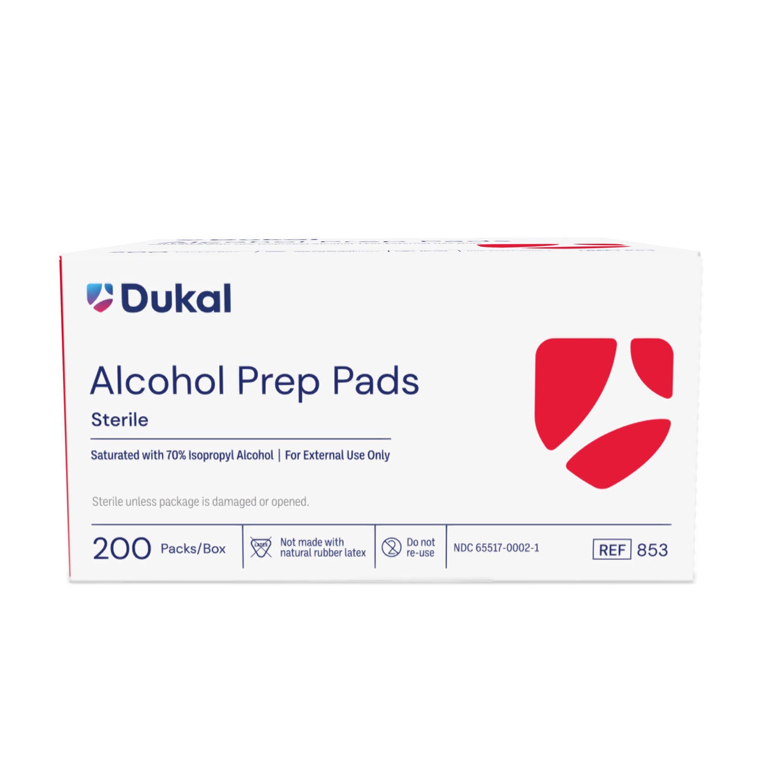 853 - Dukal Corporation - Almohadillas de alcohol, medianas, de 2 capas, estériles, 200/caja, 20 cajas/caja (70 cajas/plt) (no disponibles para la venta en Canadá), caja