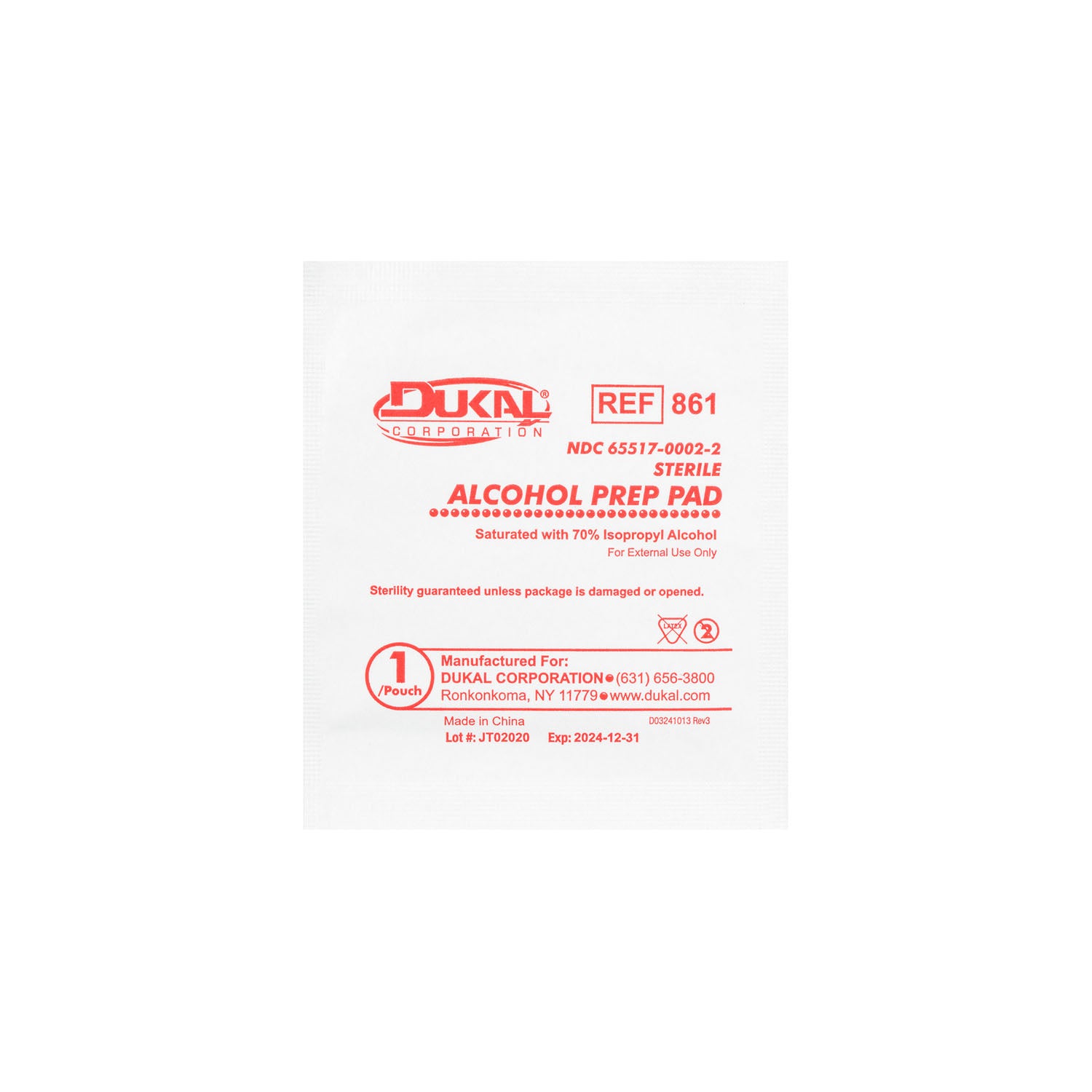 861 - Dukal Corporation - Alcohol Prep Pad, Large, Sterile, 100/bx, 10 bx/cs (108 cs/plt) (Not Available for sale into Canada) , cs