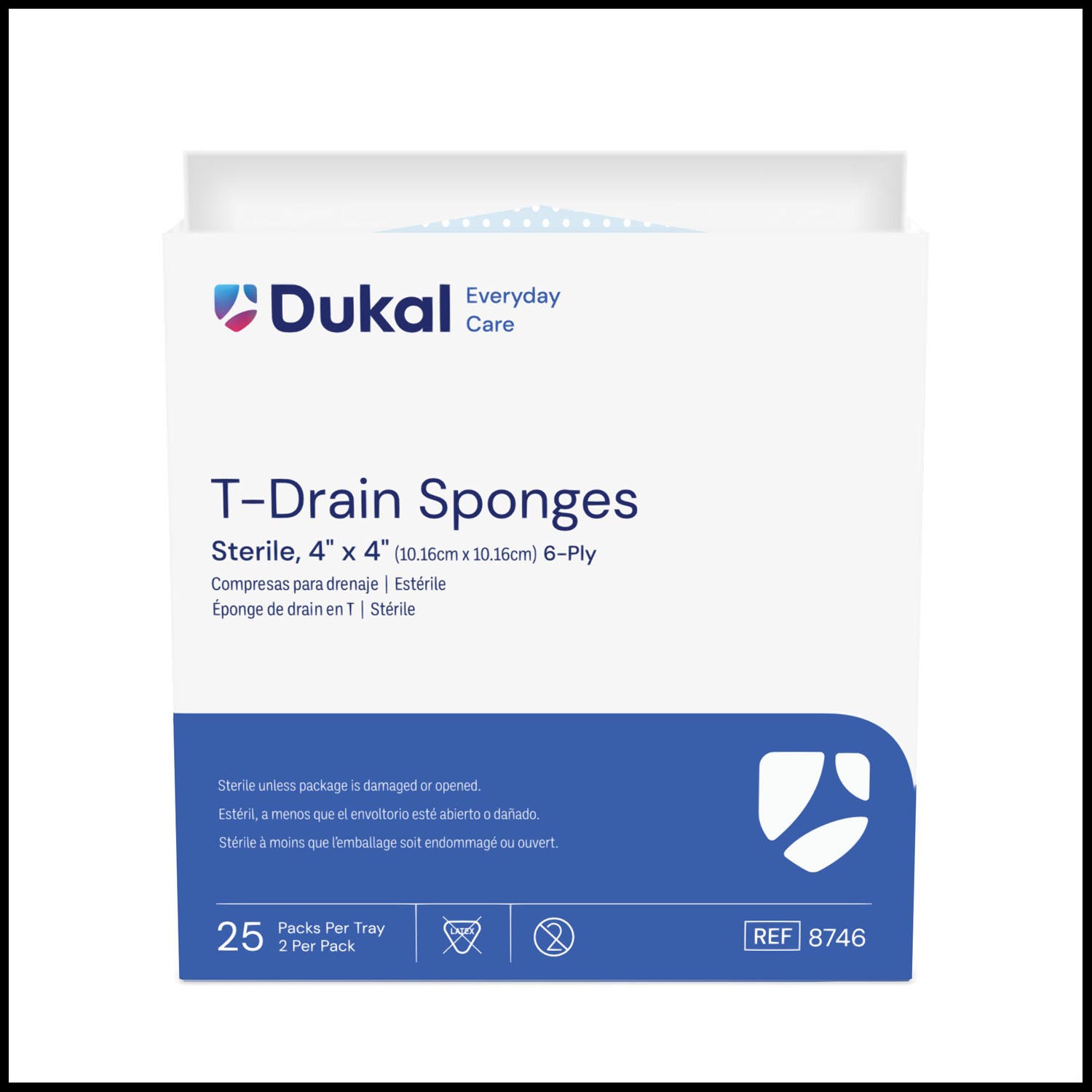 8746 - Dukal Corporation - Esponja para drenaje en T, 4" x 4", estéril, paquete de 2, paquete de 25, caja de 12, caja