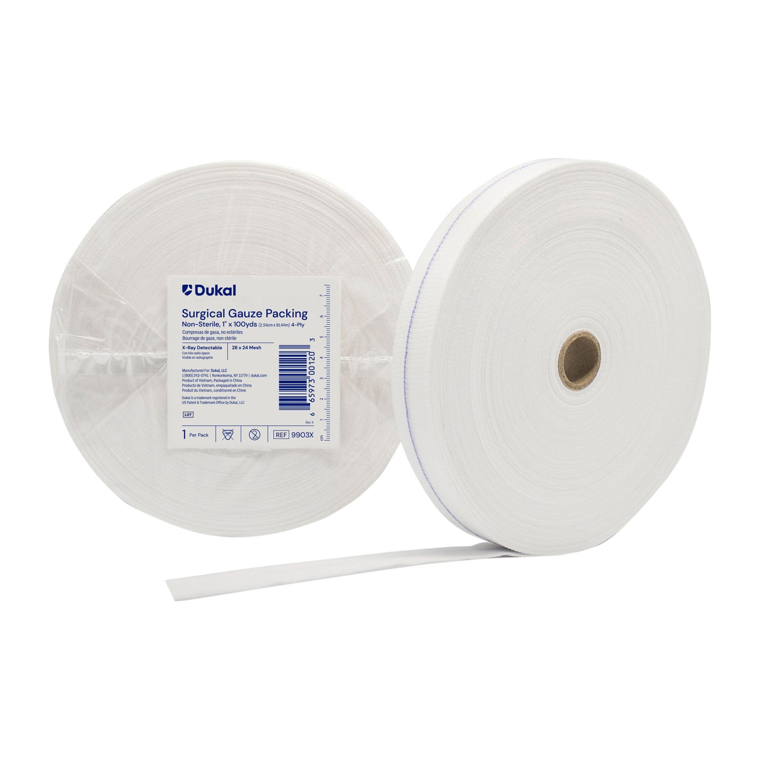 9903X - Dukal Corporation - Empaque de gasa, no estéril, malla de 28 x 24, 1" x 100 yardas, 4 capas, detectable por rayos X, 10/caja