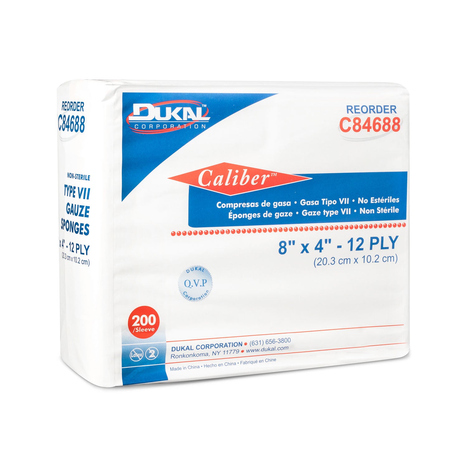 C84688 - Dukal Corporation - Gauze Sponge, Type VII, Non-Sterile, 8" x 4", 12-Ply, 200/bg, 10 bg/cs , cs
