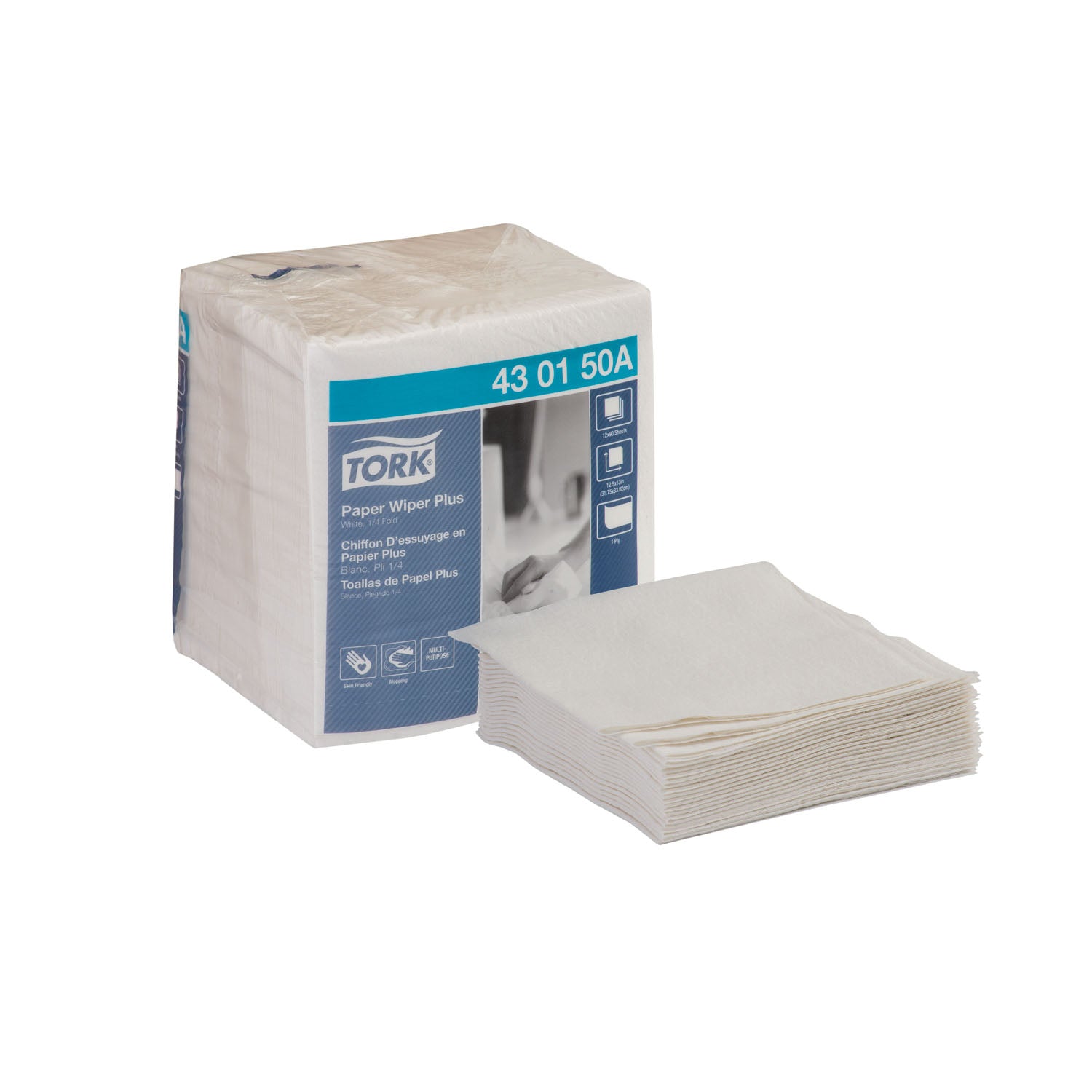 430150A - Essity Professional Hygiene North America, LLC - Toallitas de papel Plus, plegado 1/4, avanzadas, blancas, 1 capa, 13" x 12,5", 90 hojas/paquete, 12 paquetes/caja (56 cajas/plta), caja