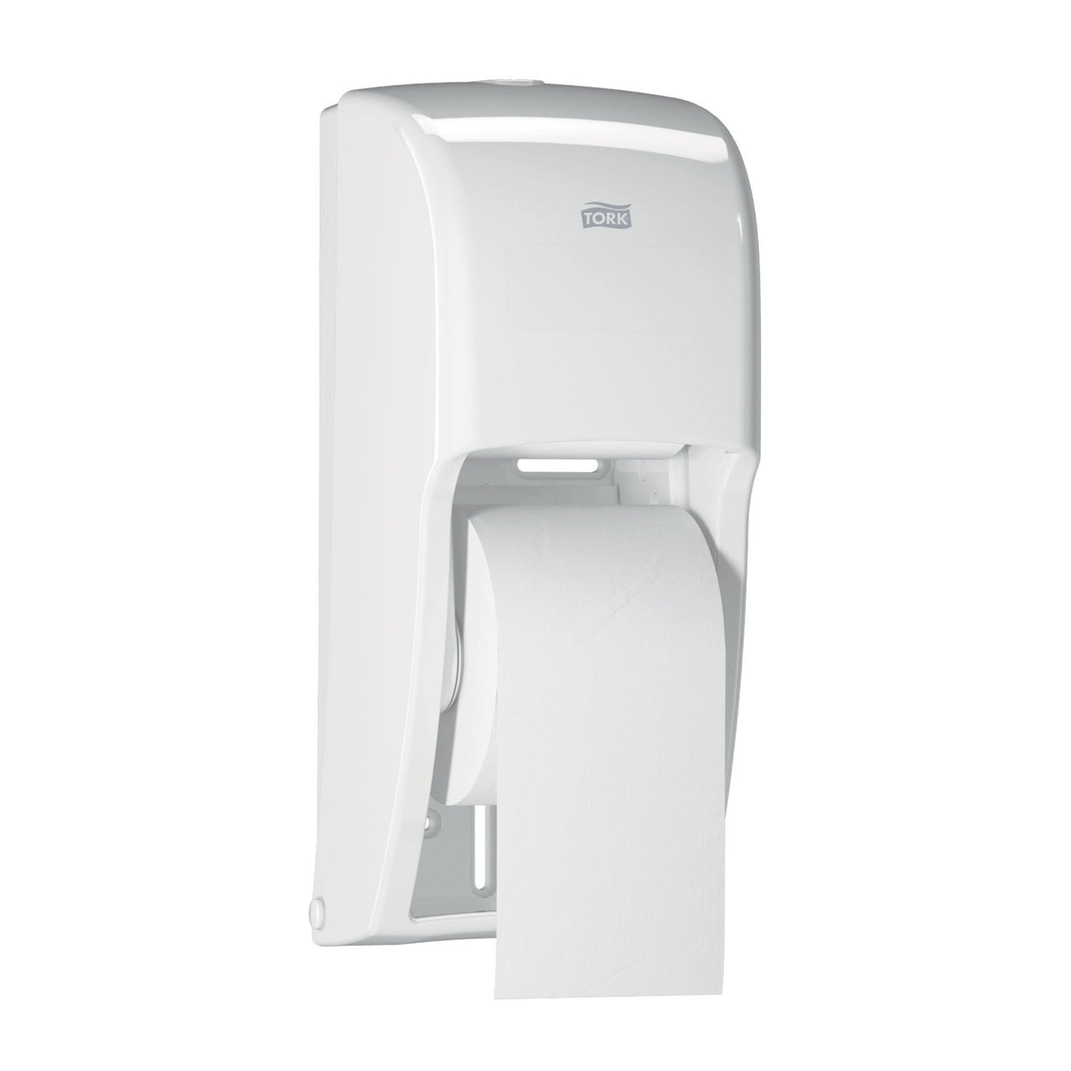 555620 - Essity Professional Hygiene North America, LLC - Dispensador de rollos de papel higiénico, alta capacidad, universal, blanco, T26, plástico, 14,2" x 6,3" x 6,5" (266 cajas/paquete), c/u