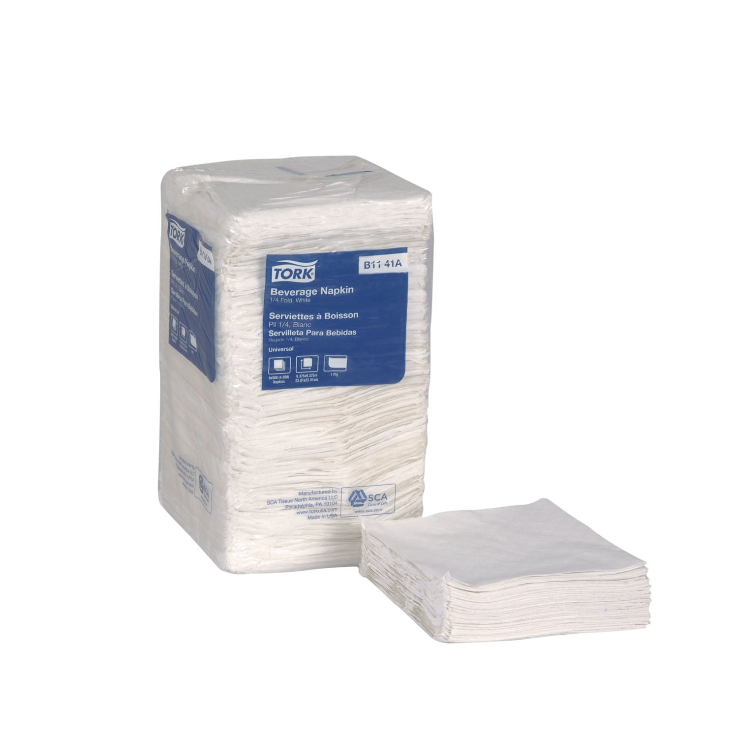 B1141A - Essity Professional Hygiene North America, LLC - Servilleta para bebidas, universal, blanca, de una capa, con relieve, 9.4" x 9.4", paquete de 500, 8 paquetes/caja (110 cajas/plt)