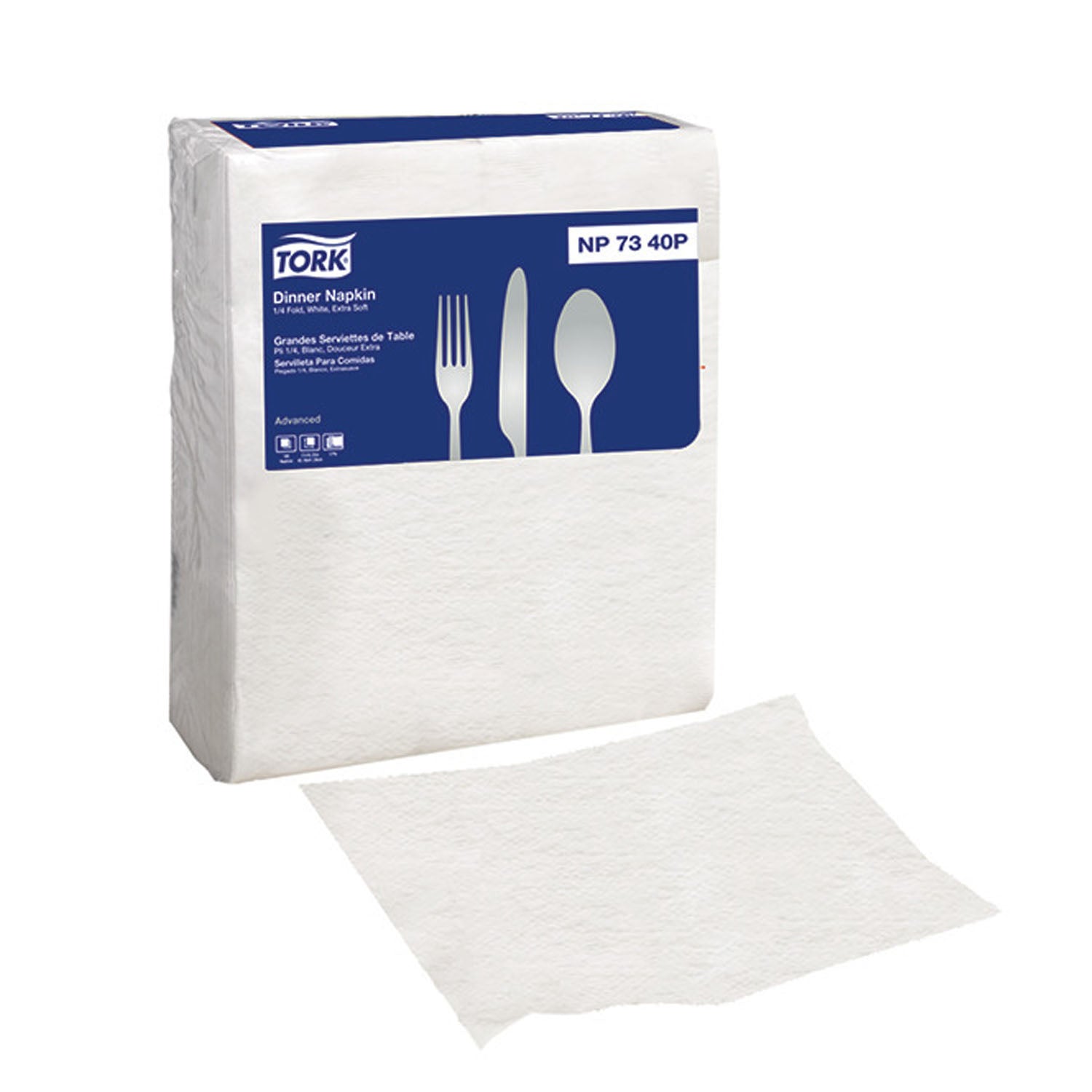 NP7340P - Essity Professional Hygiene North America, LLC - Servilleta de cena, doblada 1/4, extra suave, avanzada, blanca, 3 capas, con relieve, 17" x 16.3", paquete de 100, 20 paquetes/caja (24 cajas/placa)