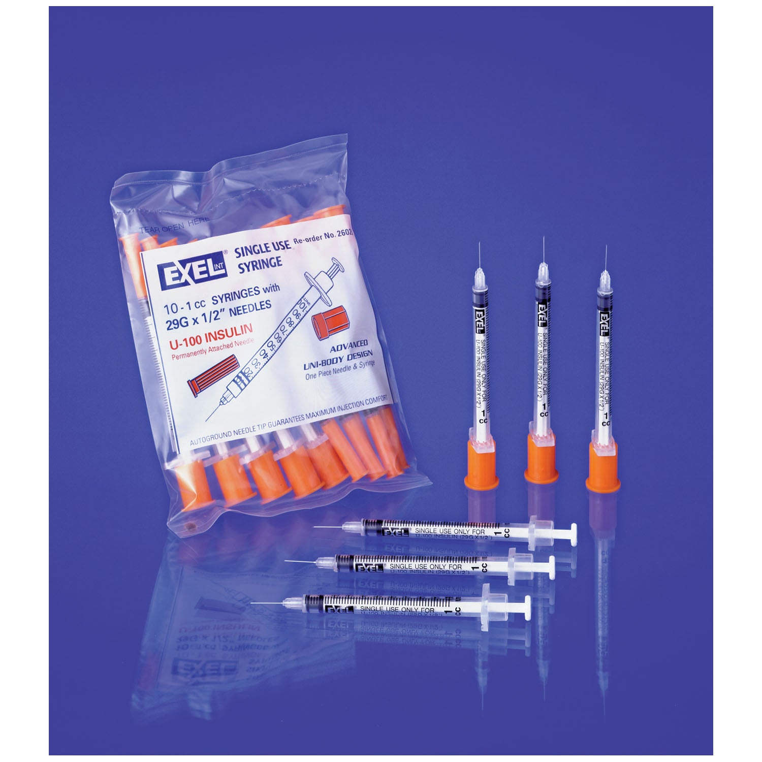 26027 - Exel Corporation - 胰島素注射器和針頭,28G x ½”,1cc,10支/盒,10支/盒,5盒/箱(16箱/PLt),箱