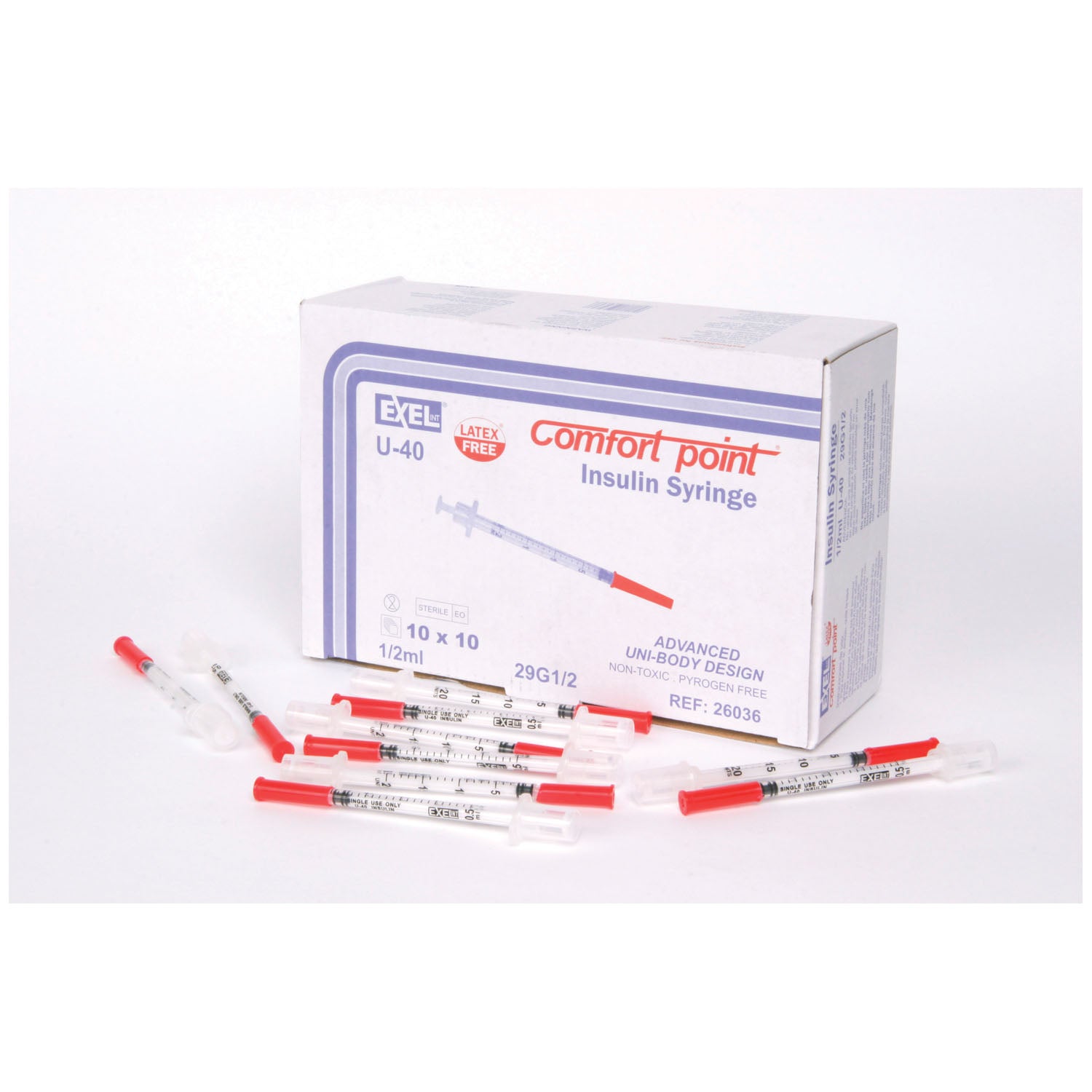 26036 - Exel Corporation - Jeringa de insulina, ½ cc, U-40, 29 G x ½", 100/caja, 5 cajas/caja, SOLO PARA USO VETERINARIO, caja