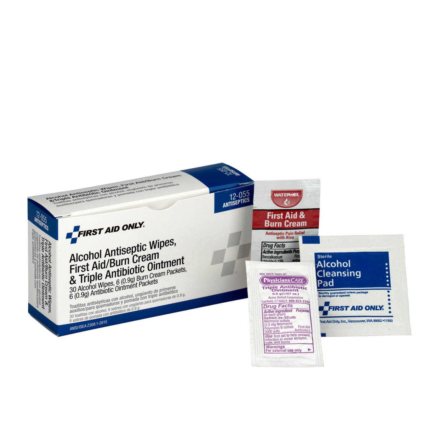 12-055 - First Aid Only/Acme United Corporation - Antiseptic Pack, Includes: (30) Alcohol Wipes, (6) Burn Cream, and 6 Antibiotic (DROP SHIP ONLY - $150 Minimum Order) , ea
