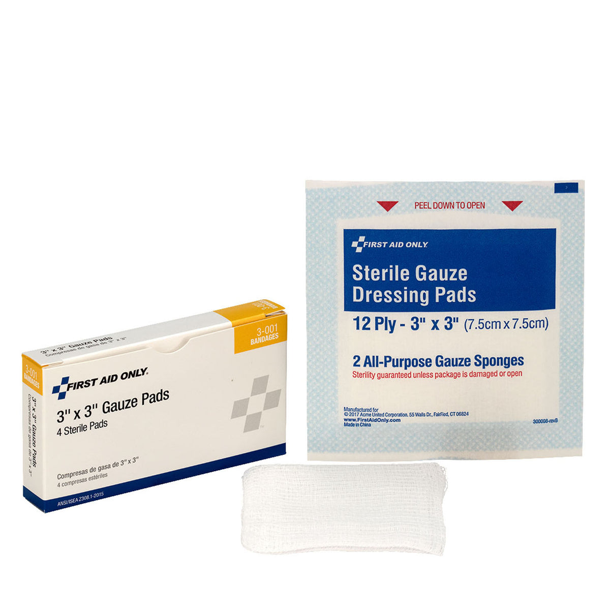 3-001-001 - Primeros auxilios/Acme United Corporation - Gasas estériles, 3" x 3", 4/caja (SOLO ENVÍO DIRECTO - Pedido mínimo de $150) , caja