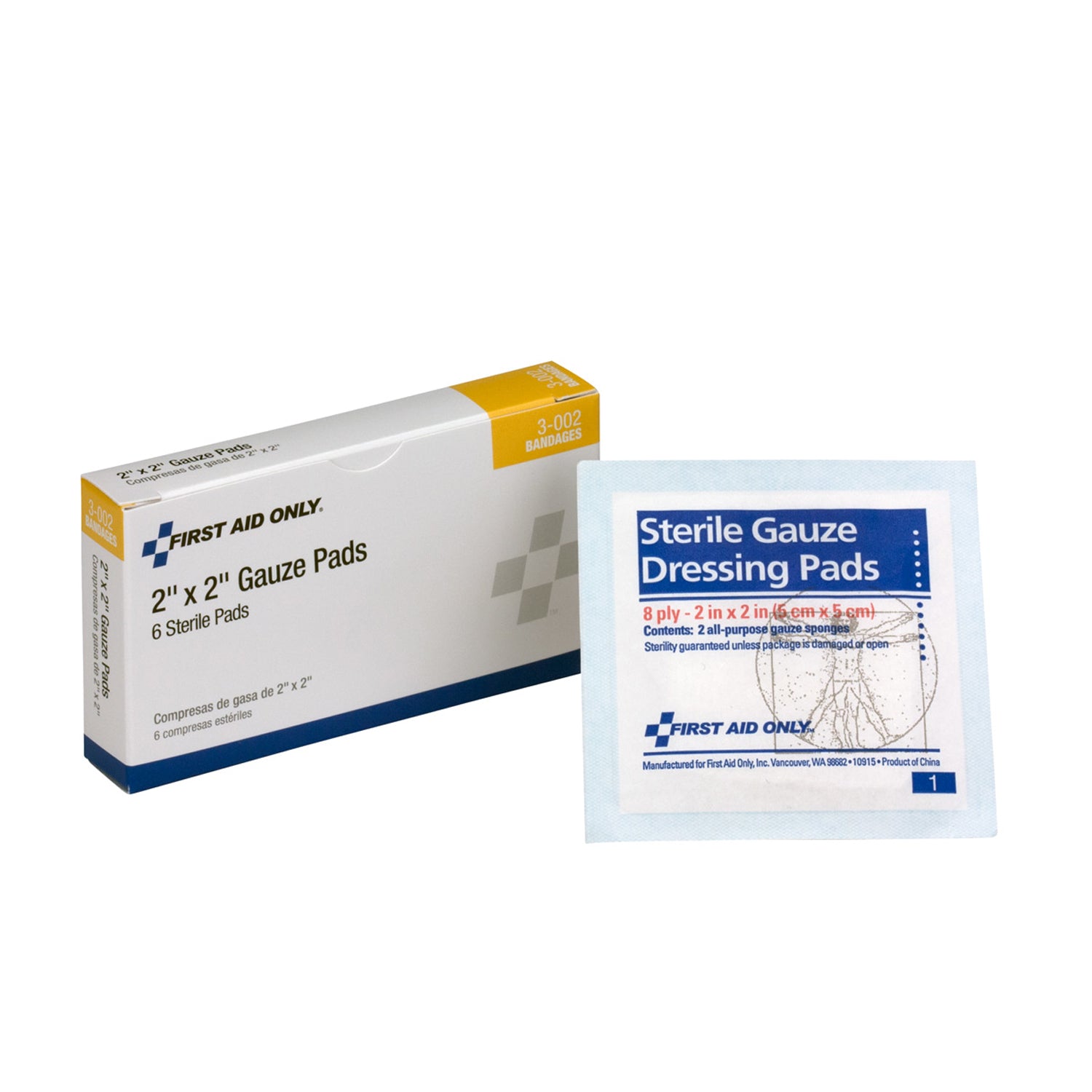 3-002 - Primeros auxilios/Acme United Corporation - Gasas estériles, 2" x 2", 6/caja (SOLO ENVÍO DIRECTO - Pedido mínimo de $150), caja