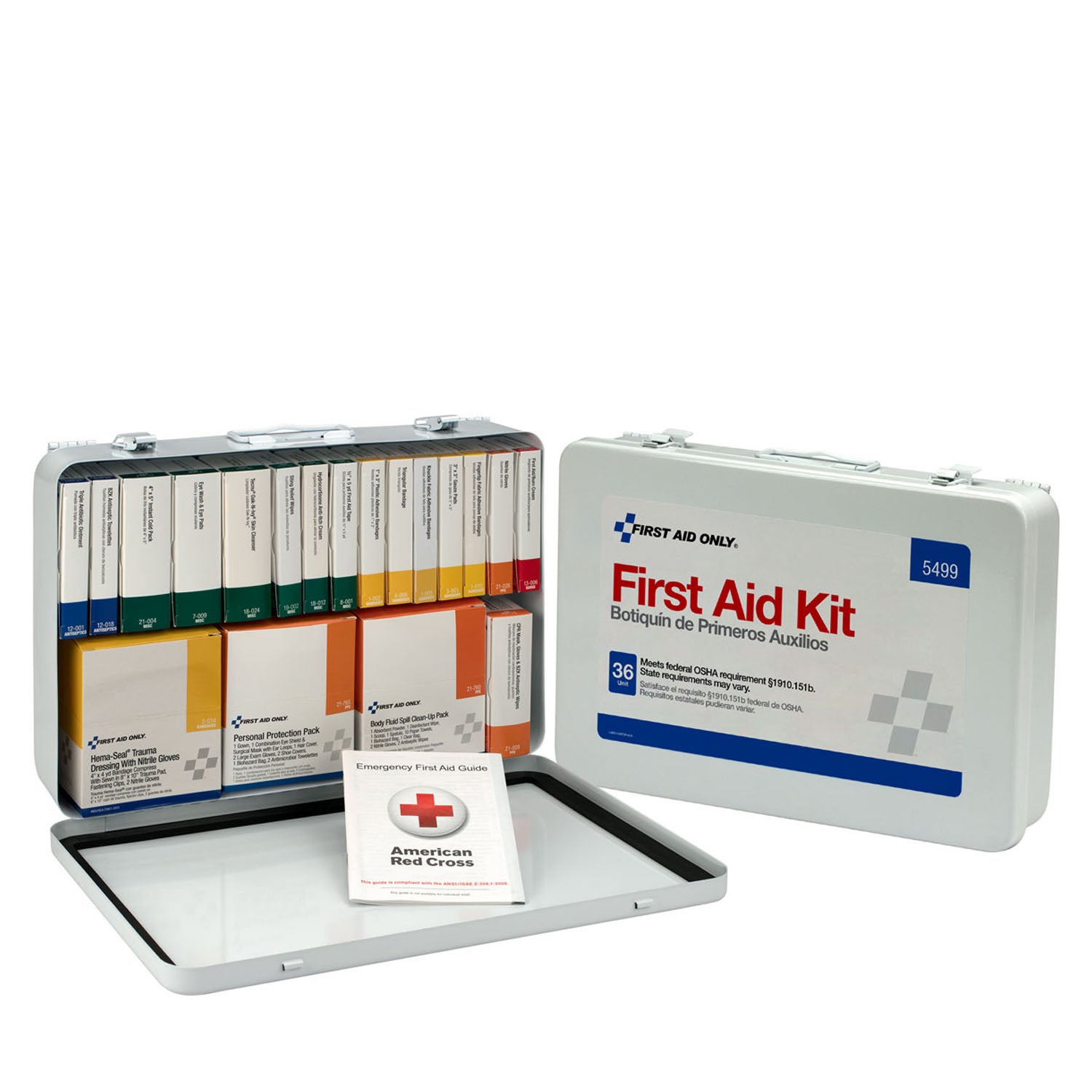 5499 - Solo primeros auxilios/Acme United Corporation - Botiquín de primeros auxilios, 36 unidades, con BBP y RCP, estuche de metal (SOLO ENVÍO DIRECTO - Pedido mínimo de $150), c/u