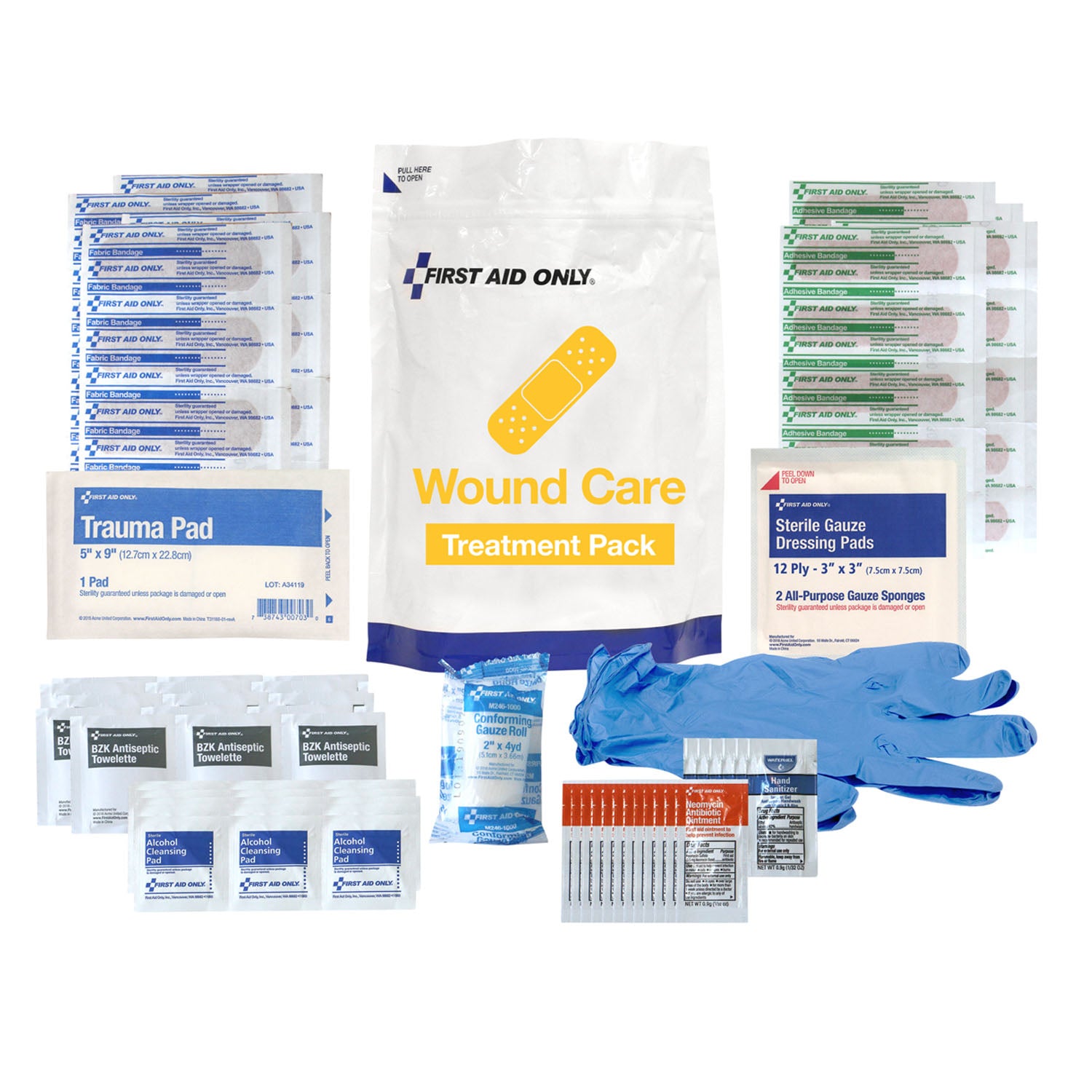 91164 - First Aid Only/Acme United Corporation - Wound Care Treatment Pack, Includes: (1) Trauma Pad (5"x9"), (2) Nitrile Exam Gloves, (2) Sterile Gauze Pads (3"x3"), (5) Hand Sanitizer Packets, (9) BZK Towelettes, (25) Antibiotic Ointment Packets, (32)