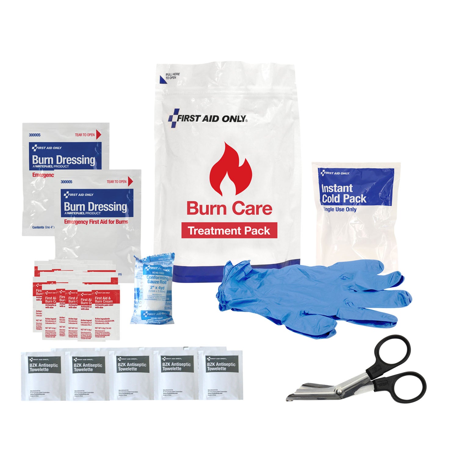 91167 - First Aid Only/Acme United Corporation - Burn Care Treatment Pack, Includes: (2) Burn Dressing (4"x4"), (25) Burn Cream Packets, (1) Scissors, (2) Nitrile Exam Gloves, (1) Instant Cold Pack, (1) Conforming Gauze Roll (2") and (9) BZK Towelettes (
