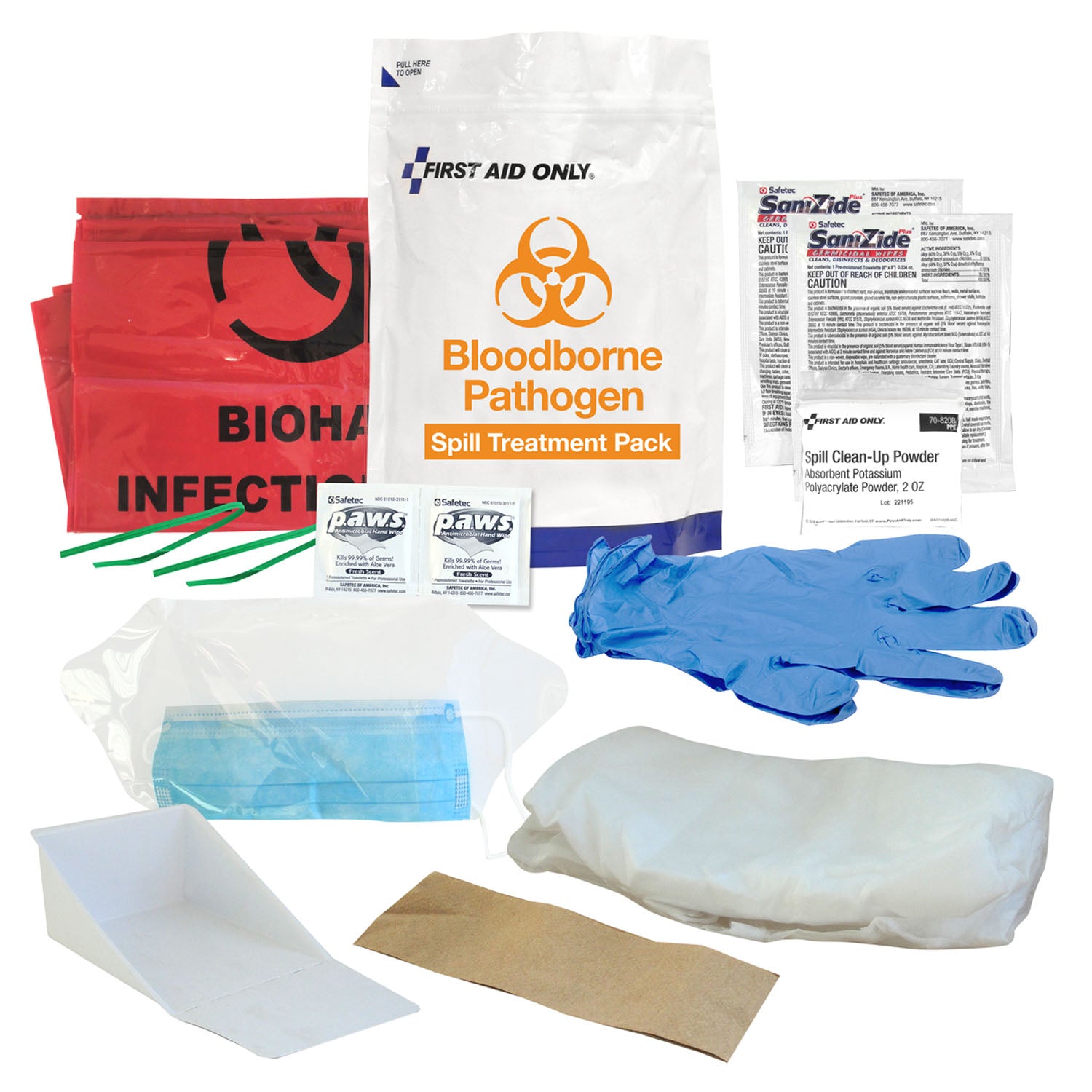 91169 - First Aid Only/Acme United Corporation - BBP Treatment Pack, Includes: (2) Germicidal Wipes, (2) Nitrile Exam Gloves, (1) Fluid Control Solidflier Pack, (1) Biohazard Scoop, (1) Disposable Gown, (1) Disposable Clean-up Towel, (1) Eye & Face Shiel