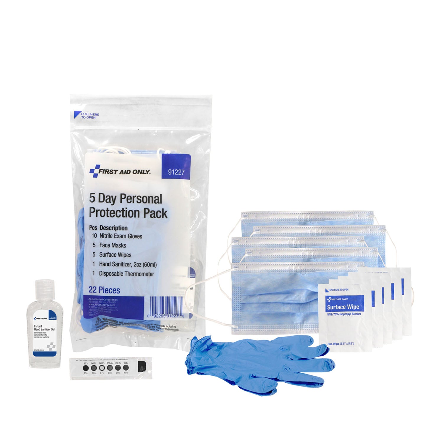91227 - First Aid Only/Acme United Corporation - 5 Day Personal Protection Pack, 22 Piece, 24/cs, Includes: (10) Nitrile Exam Gloves, (5) Face Masks, (5) Surface Wipes, (1) 2oz Hand Sanitizer, (1) Disposable Thermometer (DROP SHIP ONLY - $150 Minimum Ord