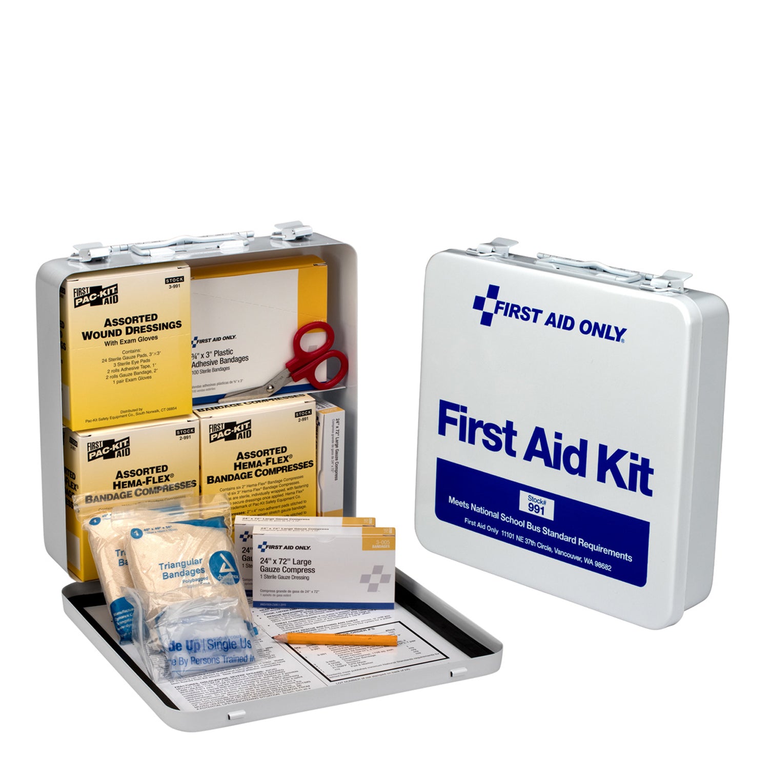 991 - Primeros auxilios solamente/Acme United Corporation - Kit nacional de autobús escolar, estuche de metal (SOLO ENVÍO DIRECTO - Pedido mínimo de $150) , c/u