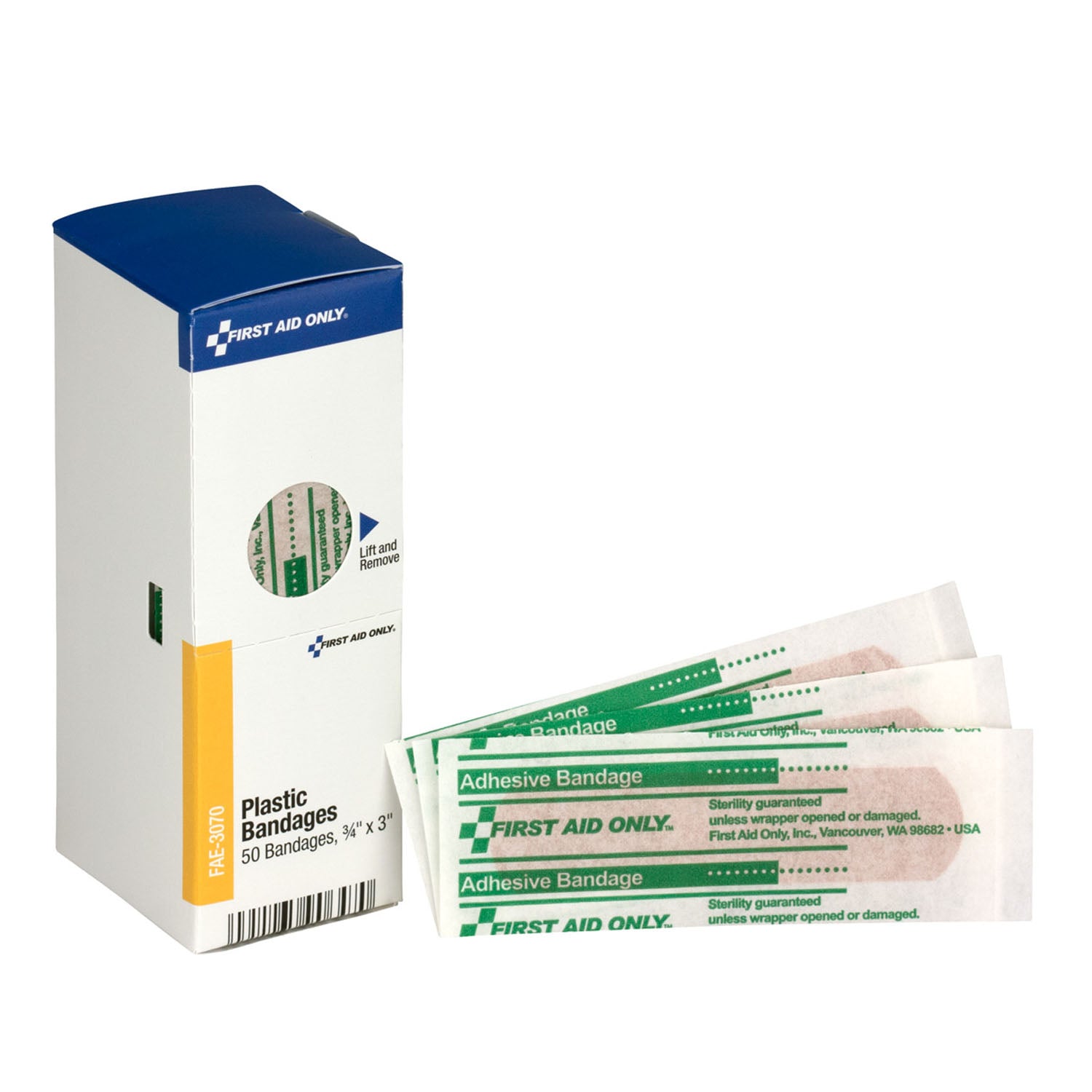 FAE-3070 - Primeros auxilios únicamente/Acme United Corporation - Vendajes adhesivos de plástico, ¾" x 3", 50 unidades (SOLO ENVÍO DIRECTO - Pedido mínimo de $150) c/u