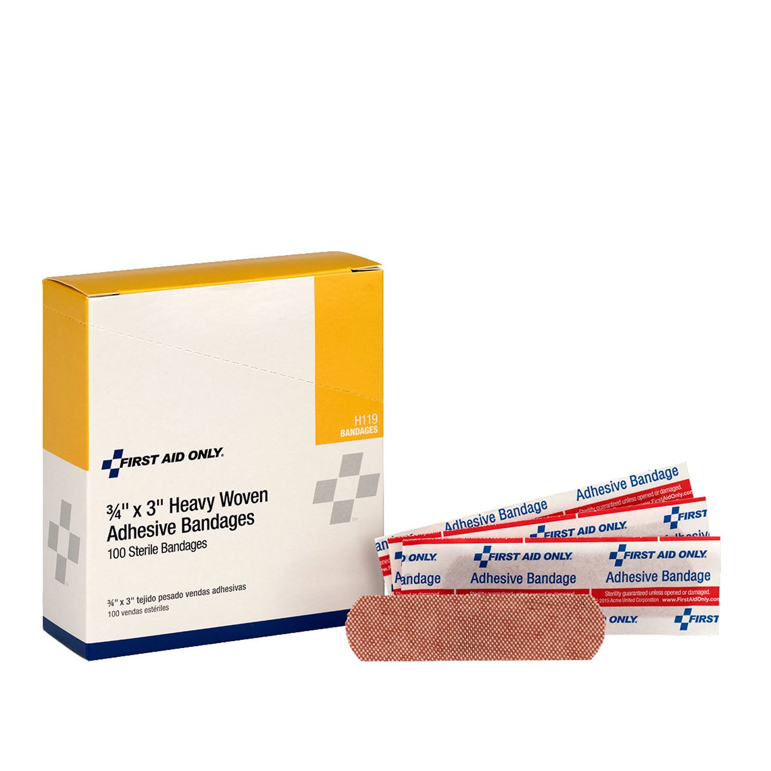 H119 - Primeros auxilios/Acme United Corporation - Vendas de tela, tejido grueso, 3/4" x 3", 100/caja (SOLO ENVÍO DIRECTO - Pedido mínimo de $150)