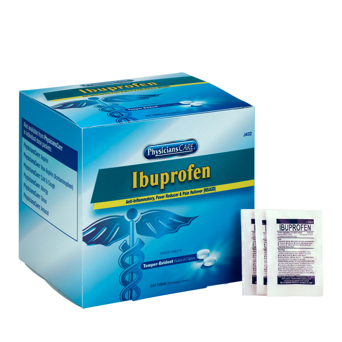 J432 - Primeros auxilios solamente/Acme United Corporation - Ibuprofeno PhysiciansCare, 2/paquete, 250/caja, 10 cajas/caja (SOLO ENVÍO DIRECTO - Pedido mínimo de $150), caja