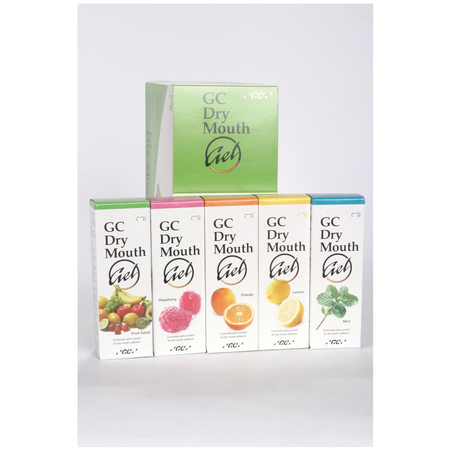 002526 - GC America, Inc. - Gel para la boca seca con sabores surtidos. Contiene: 5 tubos (40 g c/u) de ensalada de frutas, limón, menta, naranja y frambuesa, paquete de 10 (solo a la venta en EE. UU.).