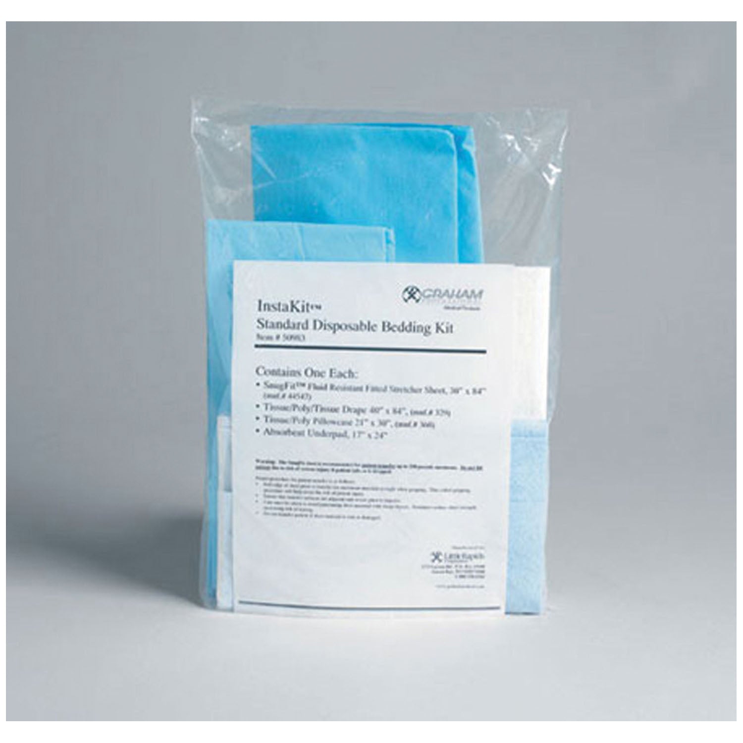 50983 - Graham Medical - InstaKit® Standard Kit Includes: 44547 SnugFit EMS Fitted Stretcher Sheet 30" x 84", 329 Drape Sheet Tissue/ Poly/ Tissue 40" x 84", 360 Pillowcase Tissue/ Poly 21" x 31" & 50984 Absorbent Underpad, 25/cs (25 cs/plt) , cs