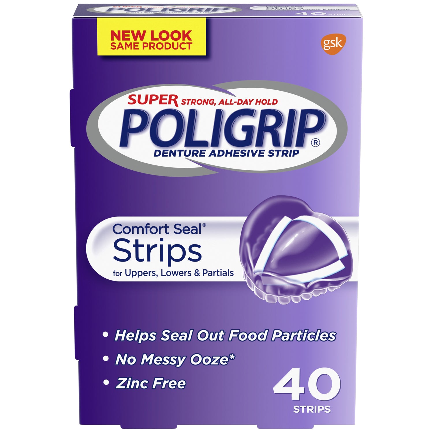 08025 - Haleon US Services Inc. - Super Poligrip® Denture Adhesive Comfort Seal Strips, 40 strips/box, 6 boxes/pkg, 4 pkg/cs (24 -40ct boxes total) (Available for sale in US only) (Products cannot be sold on Amazon.com or any other third Party sites.)