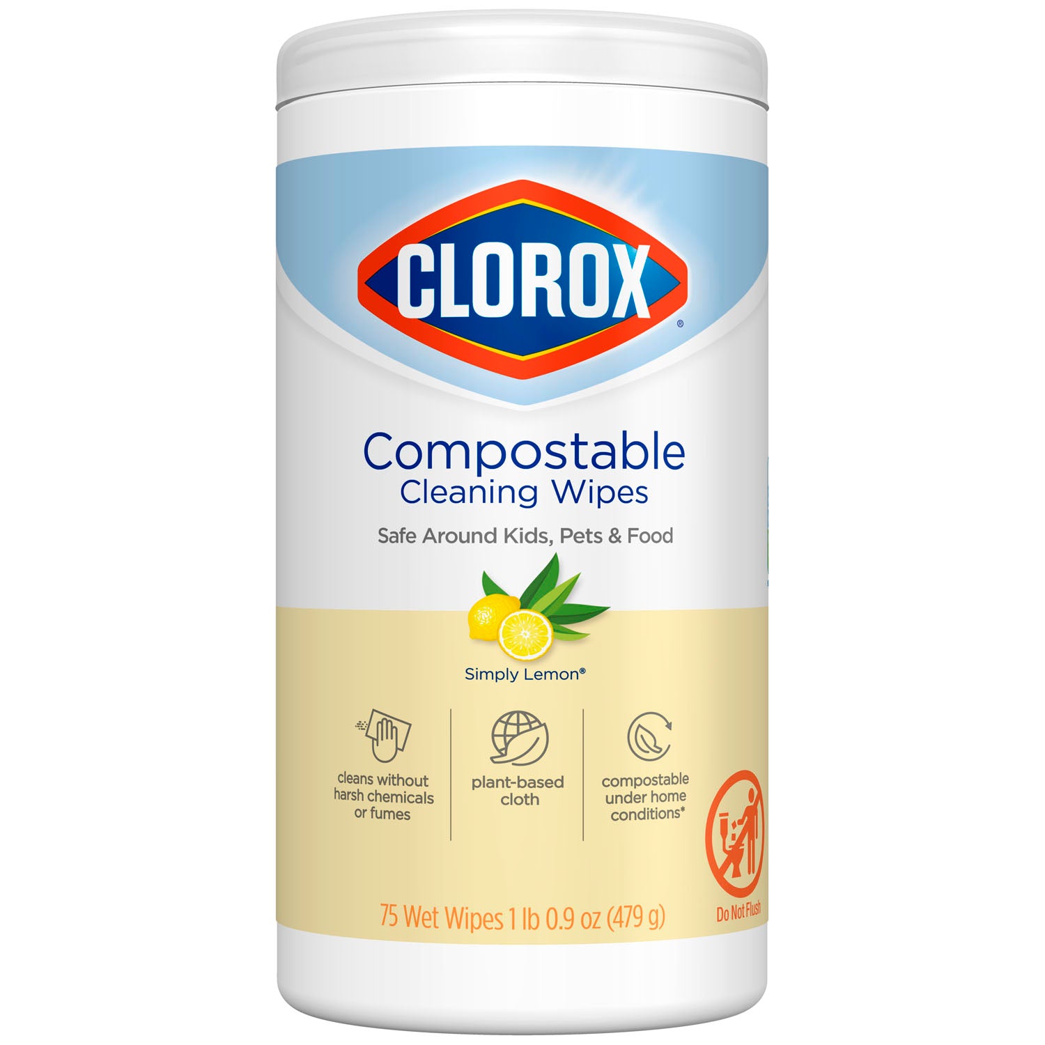32485 - Clorox Sales Company - Clorox Compostable Cleaning Wipe, Simply Lemon, 75 ct, 6/cs (Continental US Only) , cs