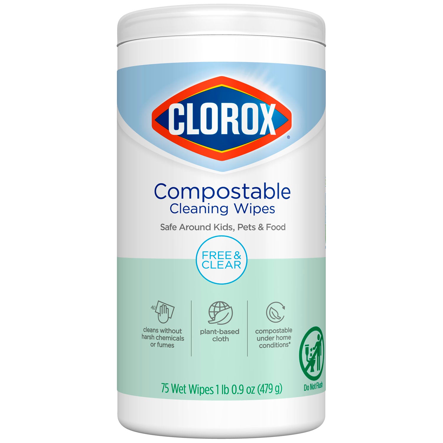 32486 - Clorox Sales Company - Clorox® Compostable Cleaning Wipes, All Purpose Wipes, Free & Clear, 75 ct, 6/cs (Continental US Only) , cs