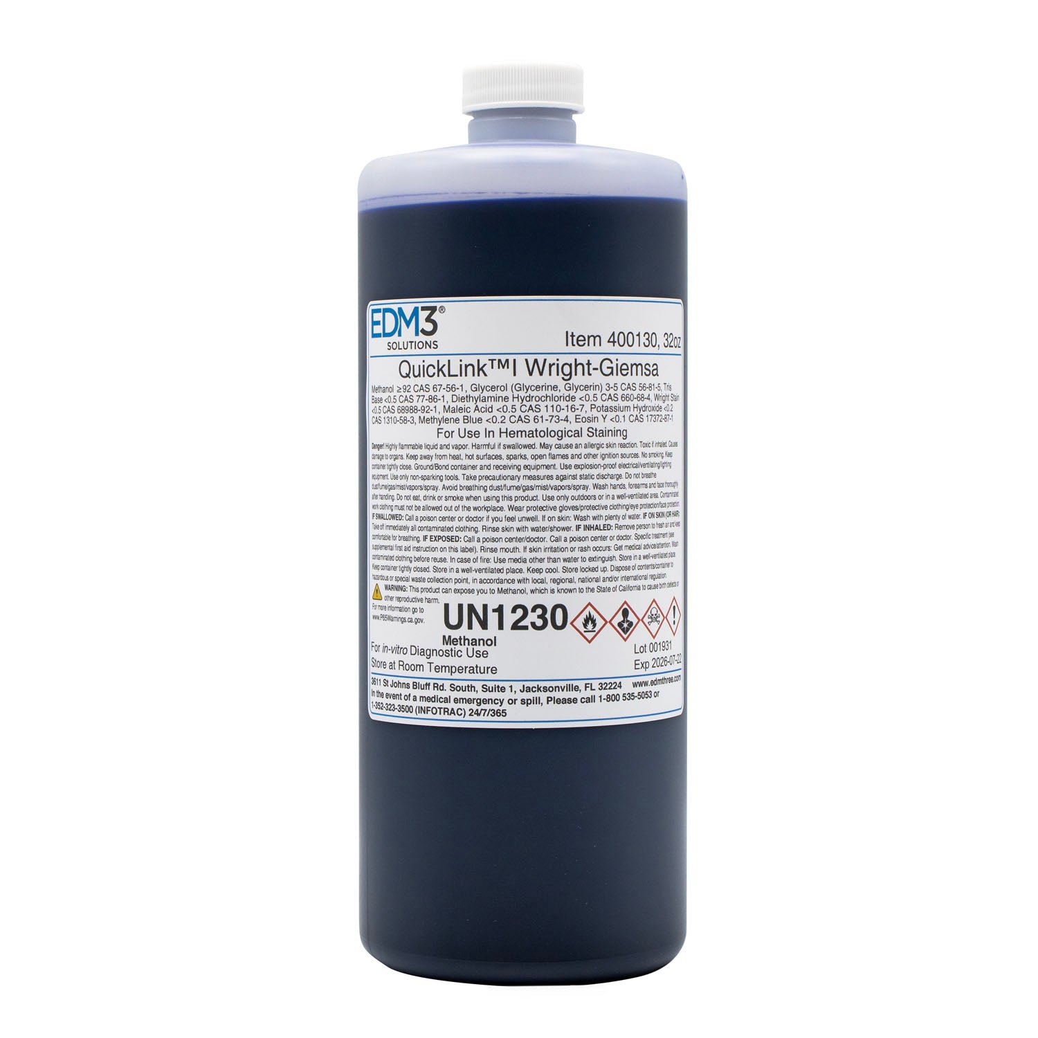 400130 - EDM3 Company LLC - Quicklink I, Wright's Giemsa, 32 oz (Item is Non-Returnable) (US Only) (HAZMAT Fees Apply, cannot ship via Air or to AK, GU, HI, MP, PR, VI) , ea