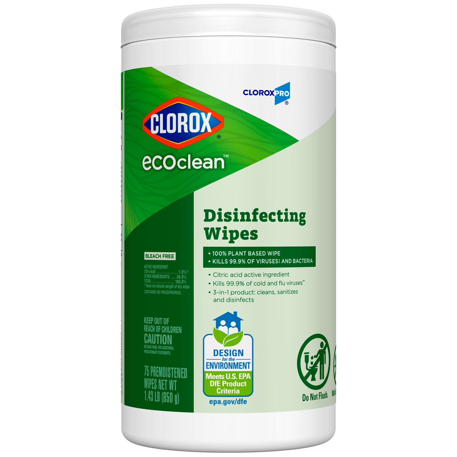 60605 - Clorox Sales Company - EcoClean™ Disinfecting Wipes, 75 ct, 6/cs (Continental US Only) , cs