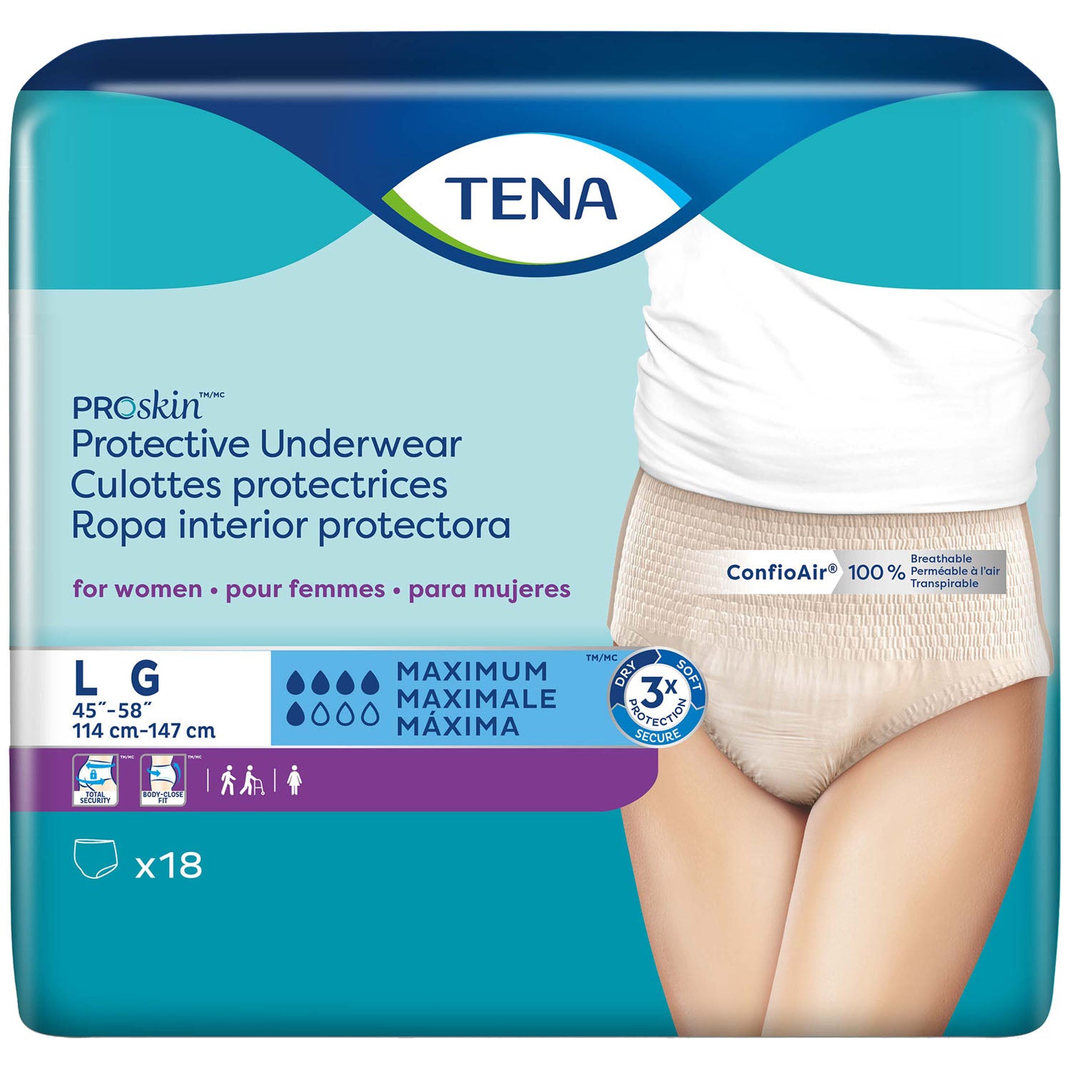 73030 - Essity Health & Medical Solutions - Ropa interior protectora para mujer, talla grande, caderas de 45" a 58", color piel, paquete de 18, paquete de 4 por caja (solo EE. UU. continental), caja