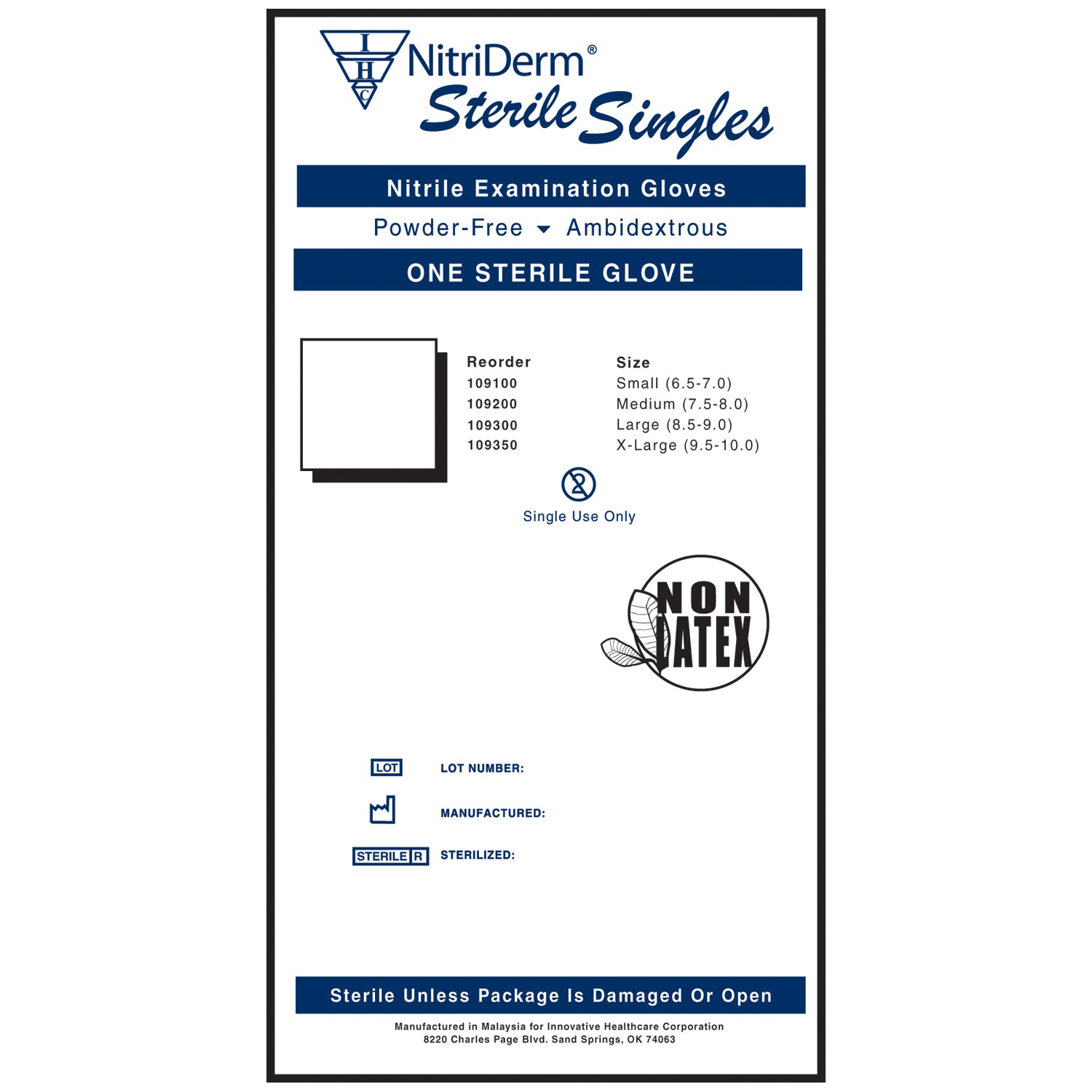 109100 - Innovative Healthcare Corp., Inc. - Gloves, Exam, Small, Nitrile, Sterile, PF, Singles, 9" Cuff, 100/bx, 4 bx/cs , cs