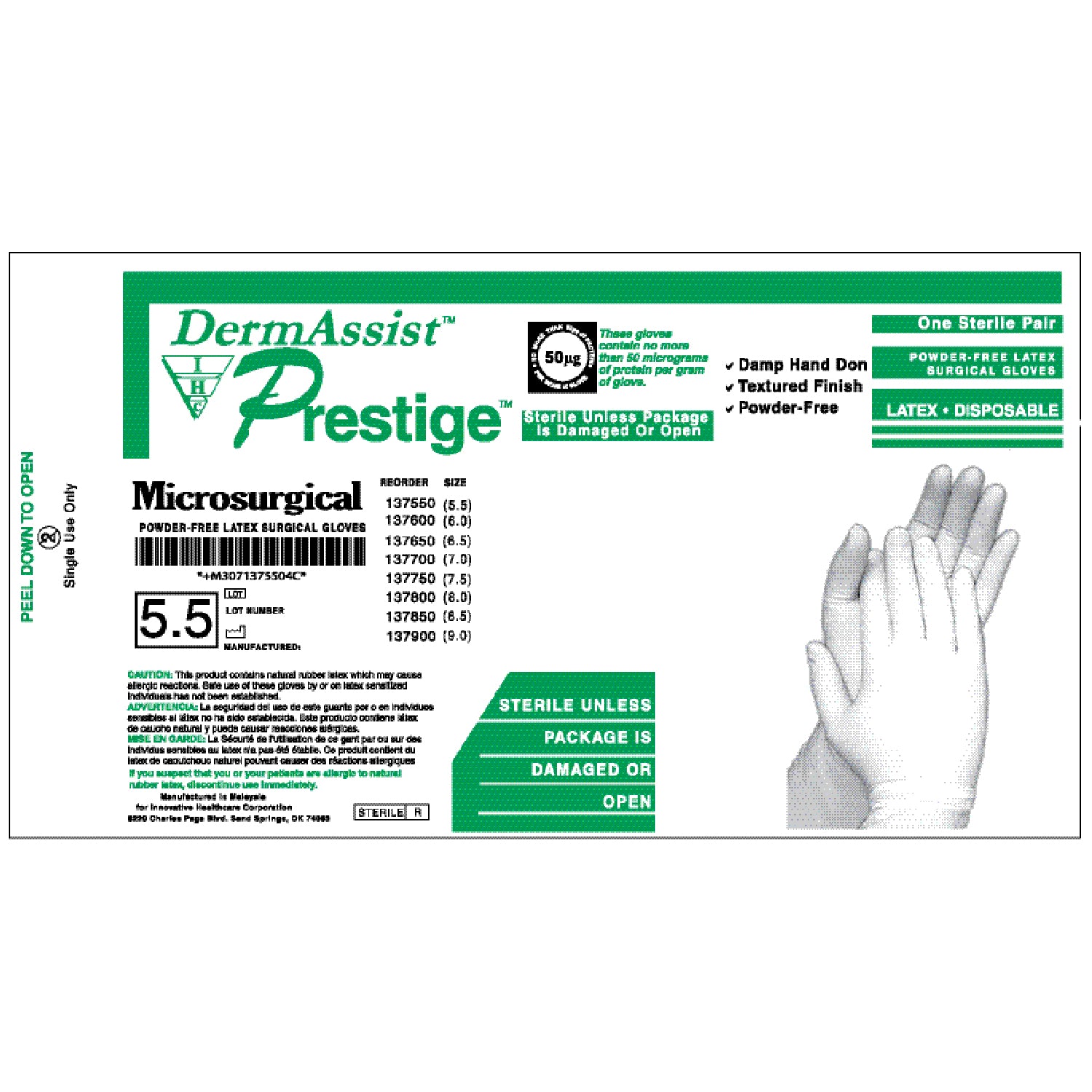 137550 - Innovative Healthcare Corp., Inc. - Gloves, Surgical, Size 5½, Latex, Sterile, PF, Textured Finish, 25 pr/bx, 4 bx/cs , cs