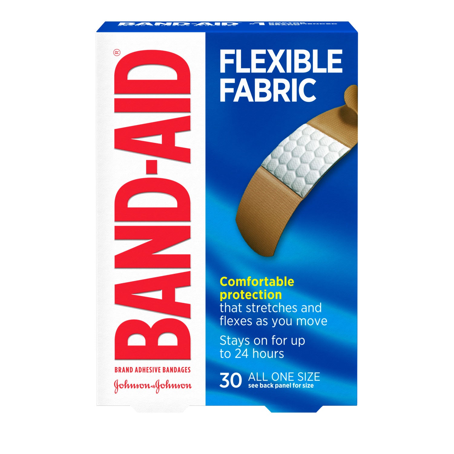 004431 - Kenvue - Vendajes adhesivos de tela flexibles de talla única, 30/caja, 24/caja (solo EE. UU. continentales e HI) (precios sujetos a cambios sin previo aviso), caja