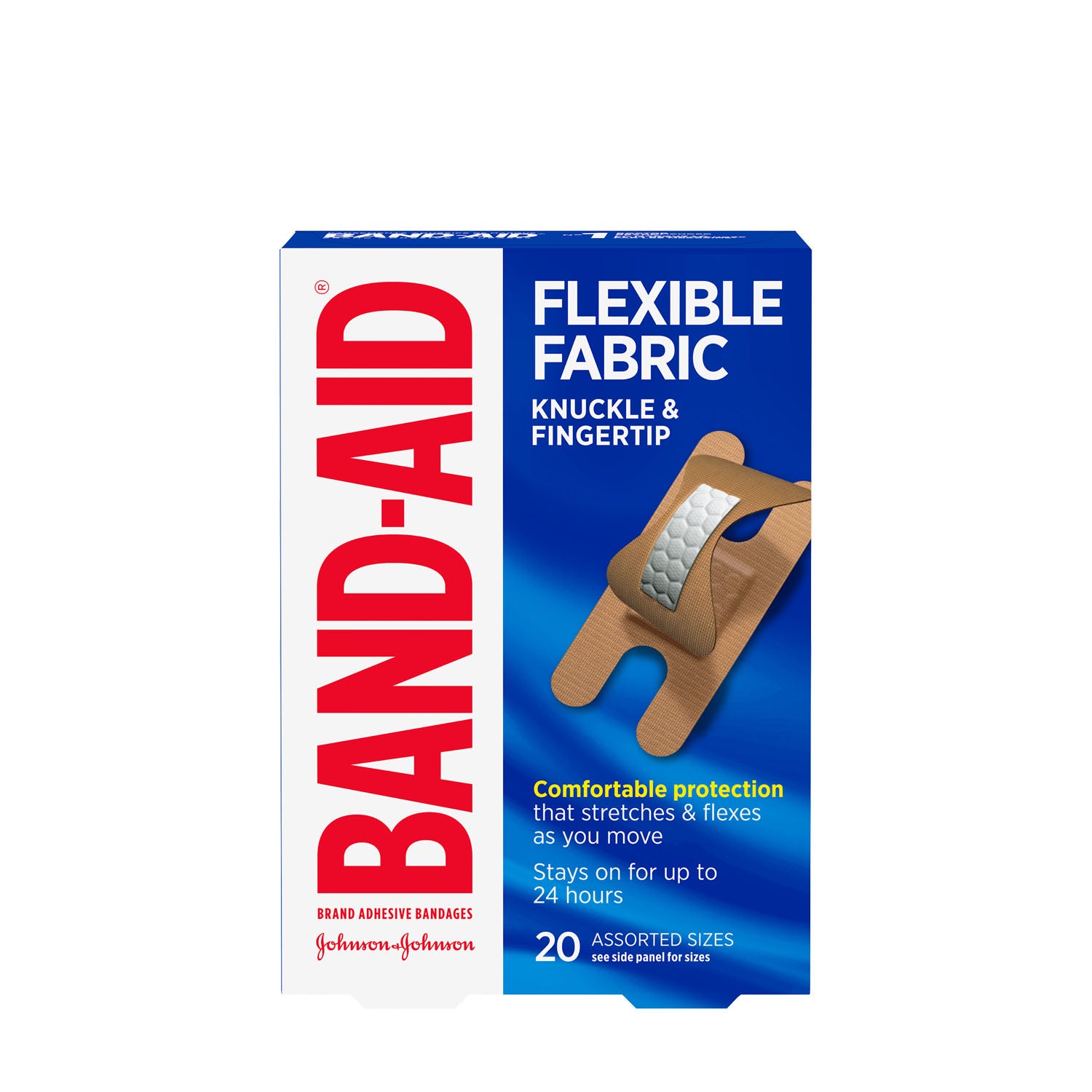 004452 - Kenvue - Vendajes adhesivos de tela flexibles para nudillos y yemas de los dedos, surtidos, 20/caja, 24/caja (solo EE. UU. continentales e HI) (Precios sujetos a cambios sin previo aviso), caja