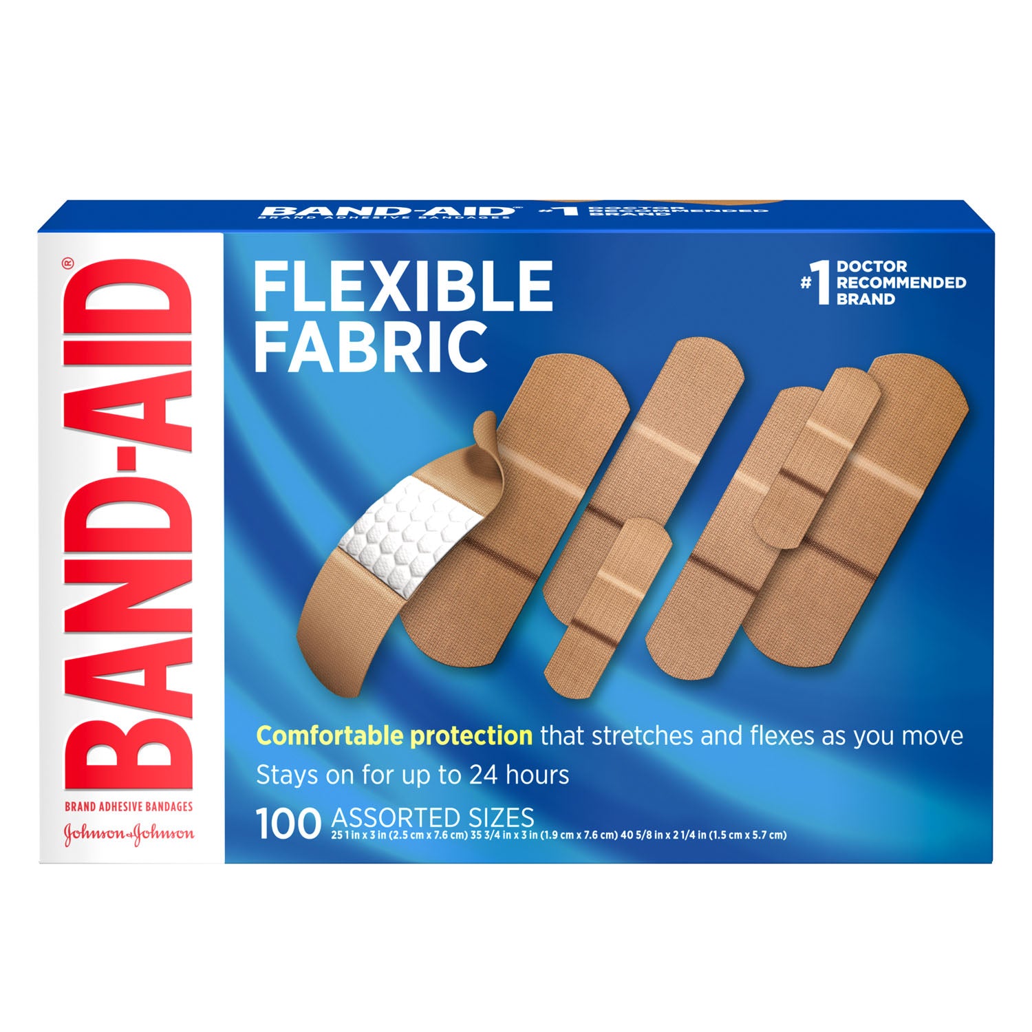 115078 - Kenvue - Vendajes adhesivos de tela flexible, surtidos, 100/caja, 12 cajas/caja (solo EE. UU. continental e HI) (precios sujetos a cambios sin previo aviso), caja