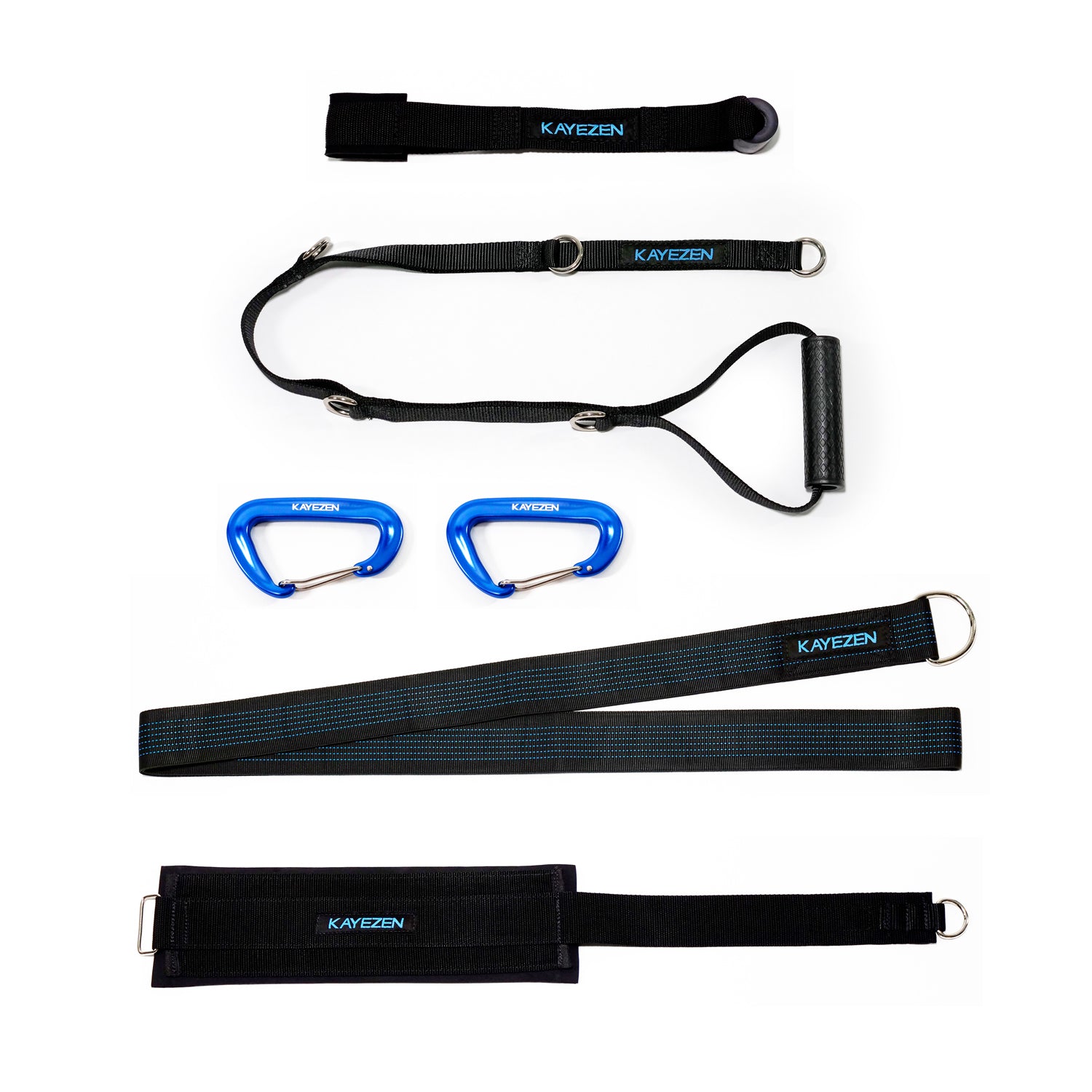 RQX-ACCPK - Kayezen LLC - The Kayezen VECTOR Accessory Pack Allow You to Use the System to its Full Potential, Includes: 1 Door Anchor, 1 Long Strap Loop Handle, 1 Thigh Cinch Strap, 1 Long Torso Strap, 2 Carabiners (Cannot be sold through any site ie Am