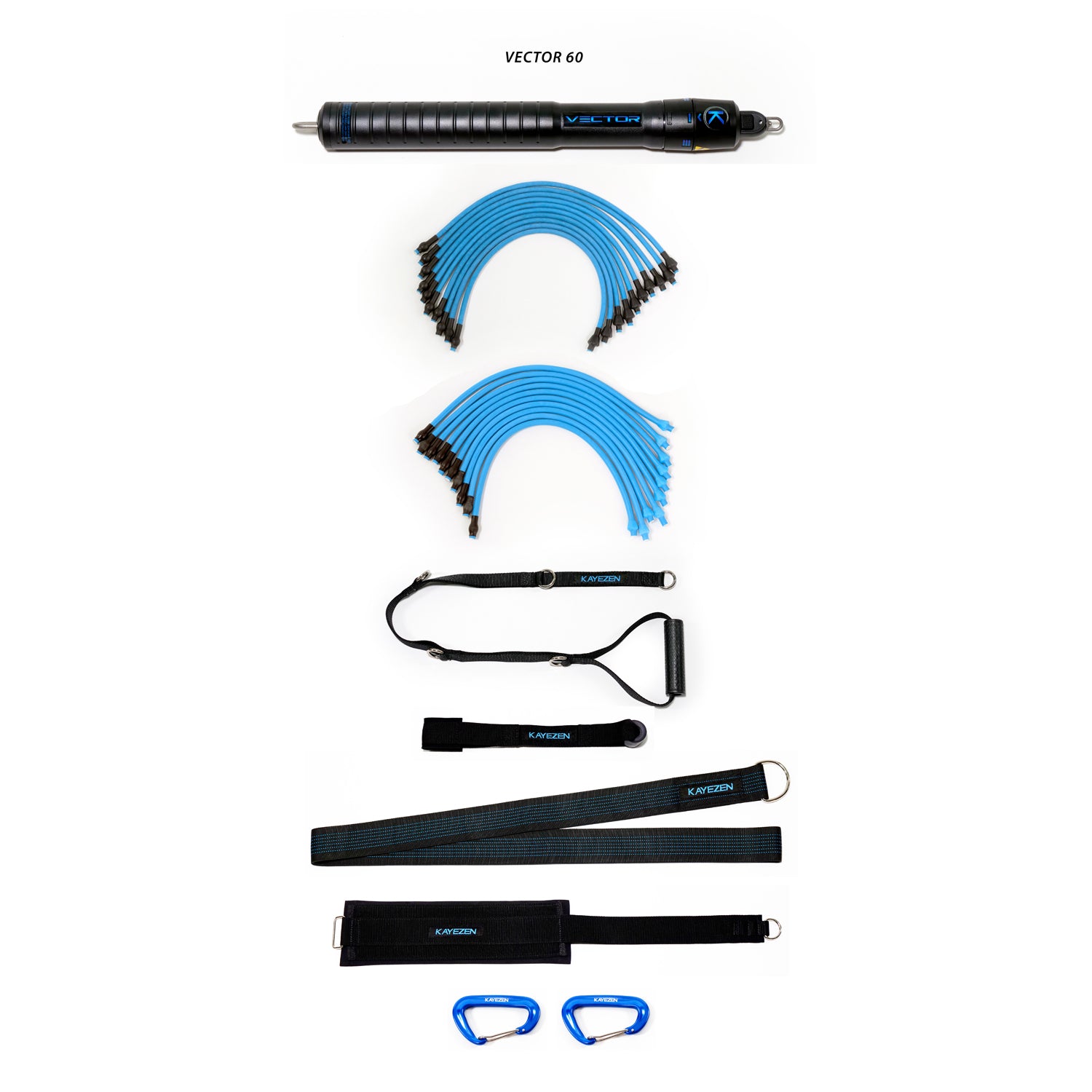 RQX-V60RSSK - Kayezen LLC - VECTOR 60 Resistance System Solo Kit: 1 VECTOR 60 Unit, (Wider Exercise Range) w/ 10 Lt + 10 Hvy Tubes, 1 Door Anchor, 1 Long Handle, 1 Long Torso Strap, 1 Thigh Strap, 2 Carabiners, Free Exercise APP (Cannot be sold through a