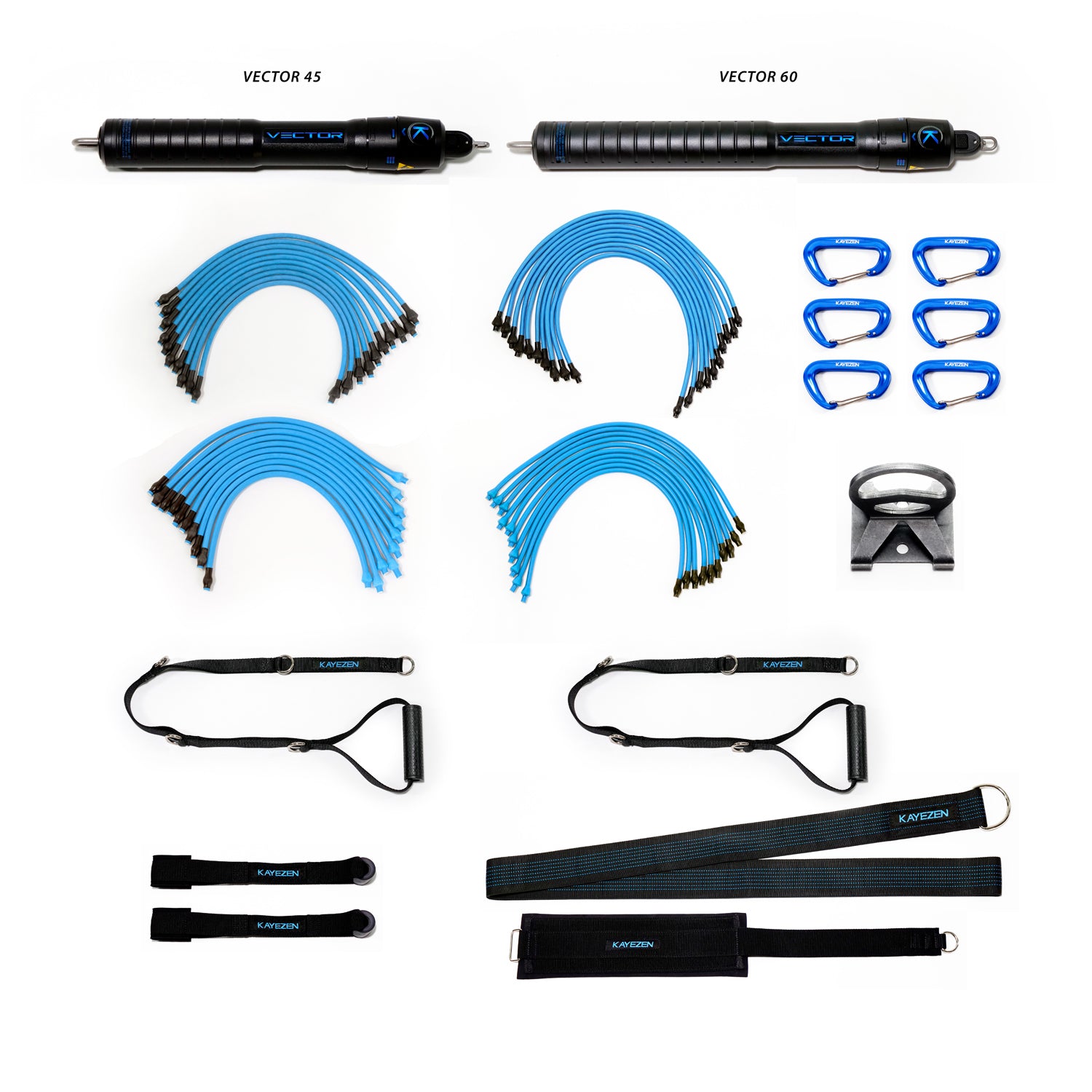 RQX-VRSCK - Kayezen LLC - VECTOR Resistance System Clinic Kit: VECTOR 45 Unit, w/ 10 Lt + 10 Hvy Tubes, VECTOR 60 Unit (Wider Range) w/Tubes, 2 Door Anchors, 2 Long Handles, 1 Torso Strap, 1 Thigh Strap, 6 Carabiners, 1 Wall Anchor, Free APP (Cannot be s