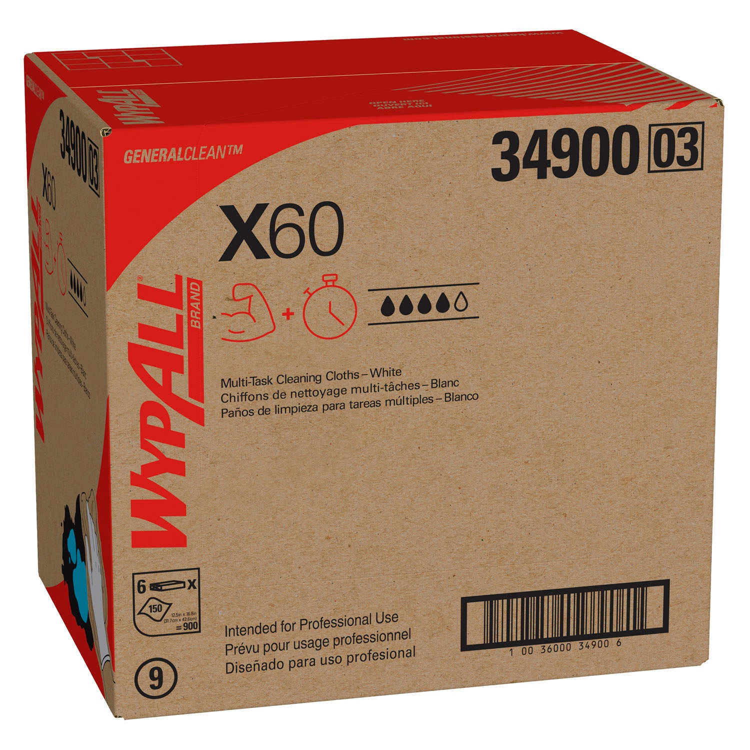 34900 - 金佰利專業清潔用品 - WypAll® GeneralClean™ X60 多功能清潔布,平鋪式,強韌吸水,白色,150 片/包,6 包/箱(本產品不得在 Amazon.com 或任何其他第三方網站銷售)(僅限美國地區),箱裝