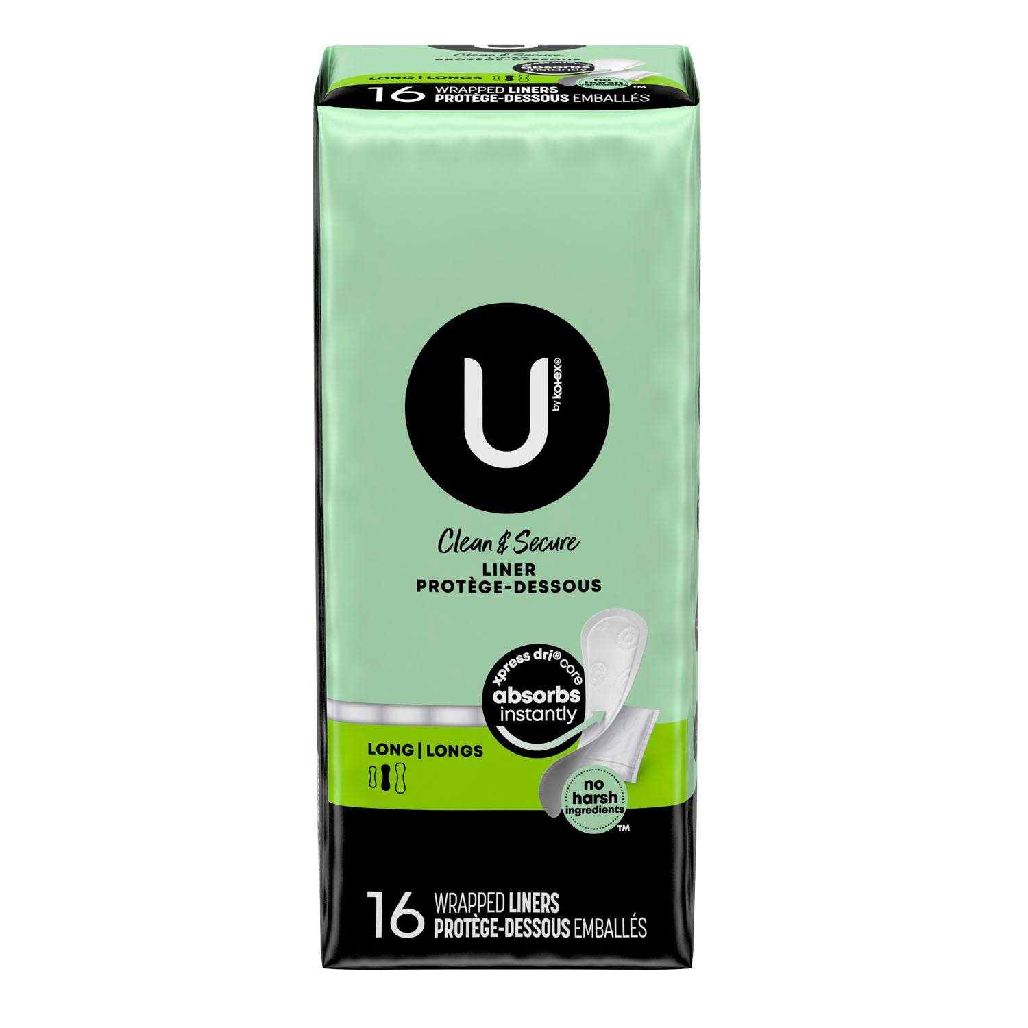 01247 - Kimberly-Clark Consumer - Protectores diarios U by Kotex®, Premium, Frescos y secos, Largos, 16/paquete, 12/paquete (solo EE. UU.), caja