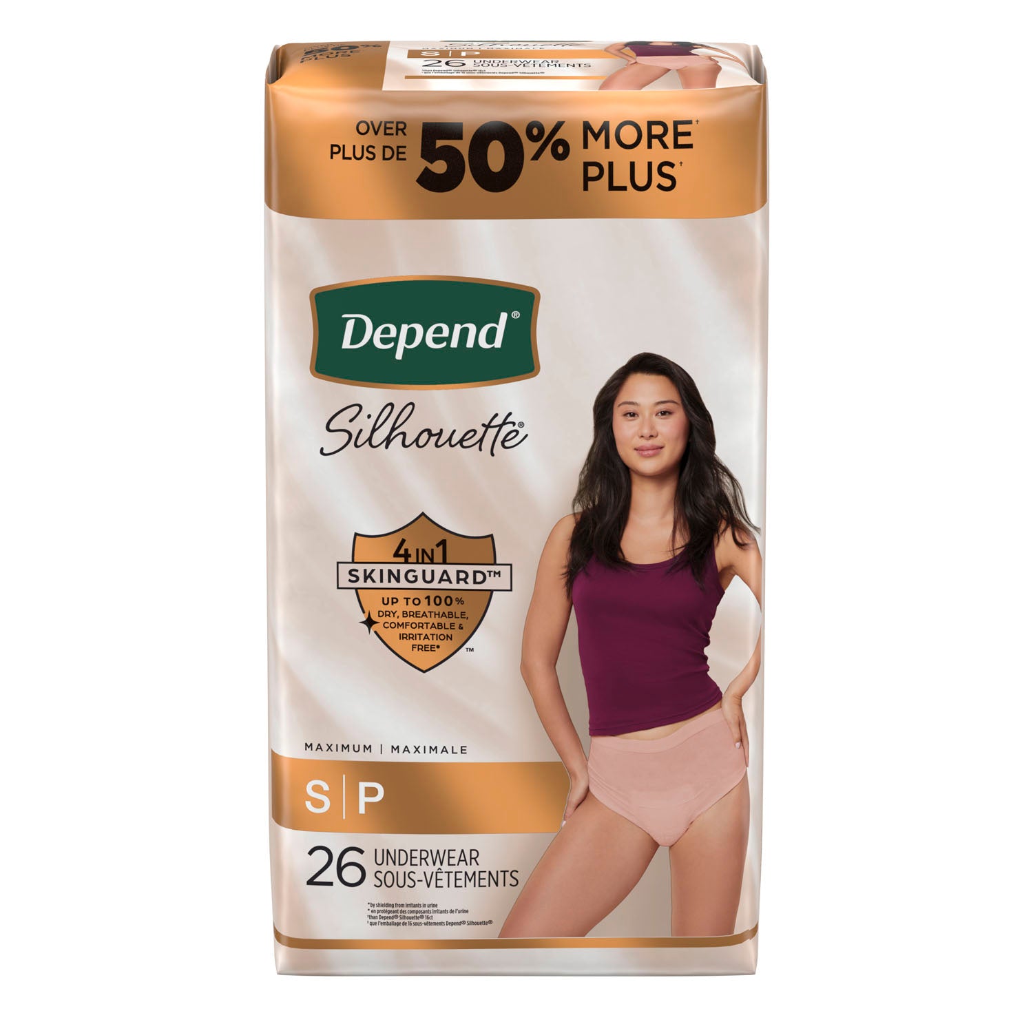51449 - Kimberly-Clark Consumer - Ropa interior Silhouette, máxima absorción, para mujer, talla pequeña, paquete de 26, paquete de 2 por caja (Los productos no se pueden vender en Amazon.com ni en ningún otro sitio de terceros) (solo en EE. UU.), caja