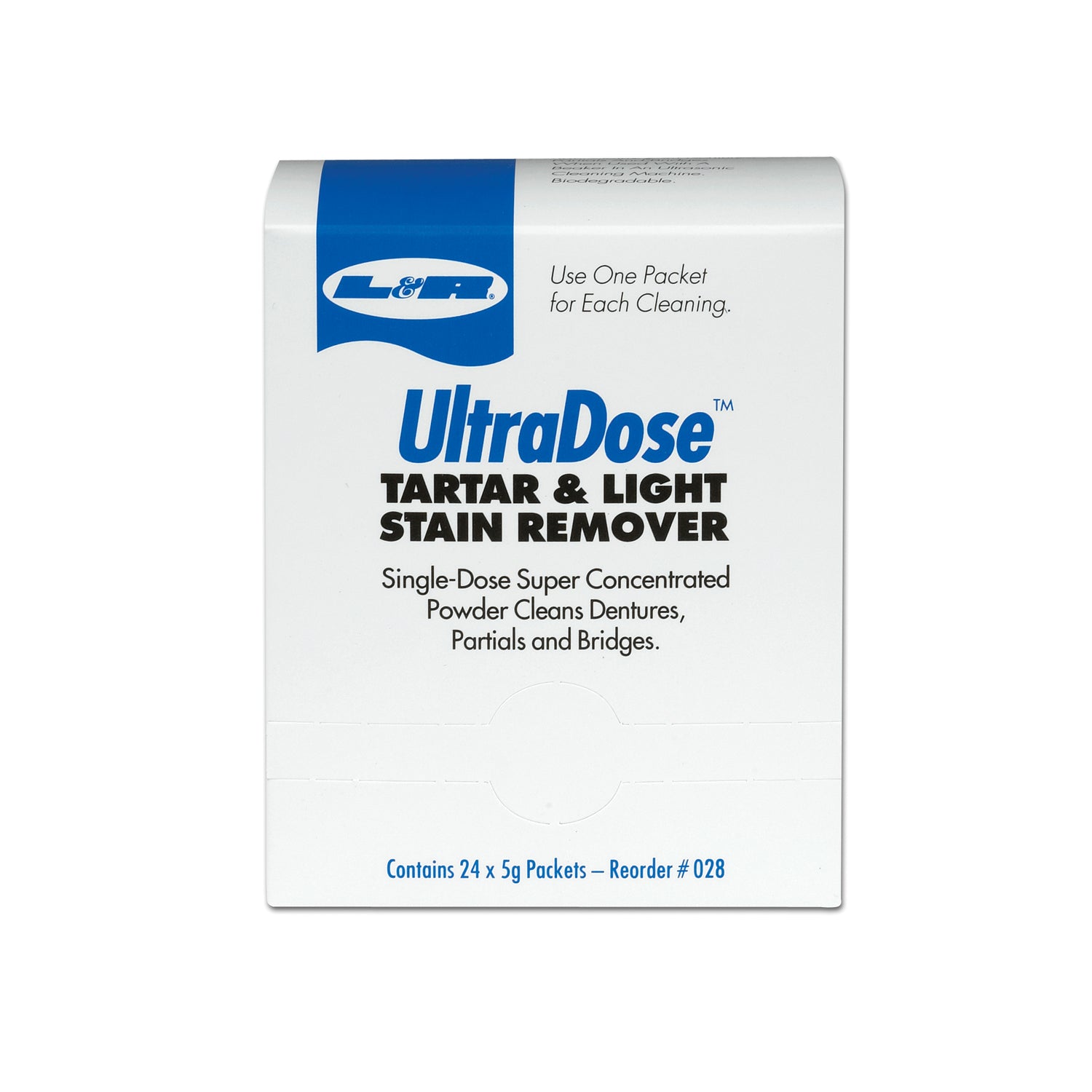 028 - L&R 製造公司 - UltraDose 牙垢及輕微污漬去除粉,1 盎司/包,24 包/盒,6 盒/箱