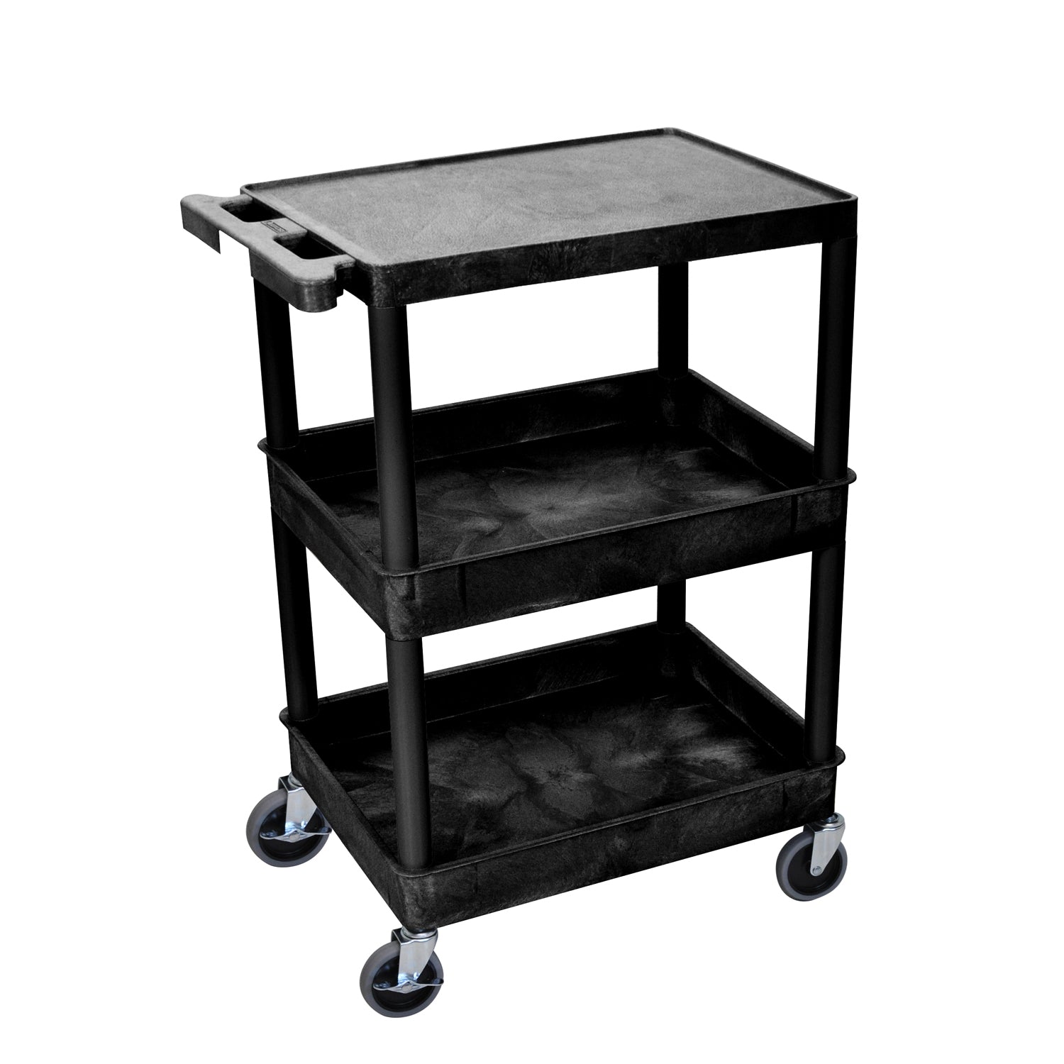 STC211-B - Luxor - Utility Cart, Flat Top, Middle/Bottom Tub Shelves (2.75" Deep each), Black, 24"W x 18"D x 36.5"H, with (4) 4" Heavy Duty Casters (2 with Locking Brakes), Maximum Weight Capacity 300lbs, Assembly Required (DROP SHIP ONLY) , ea
