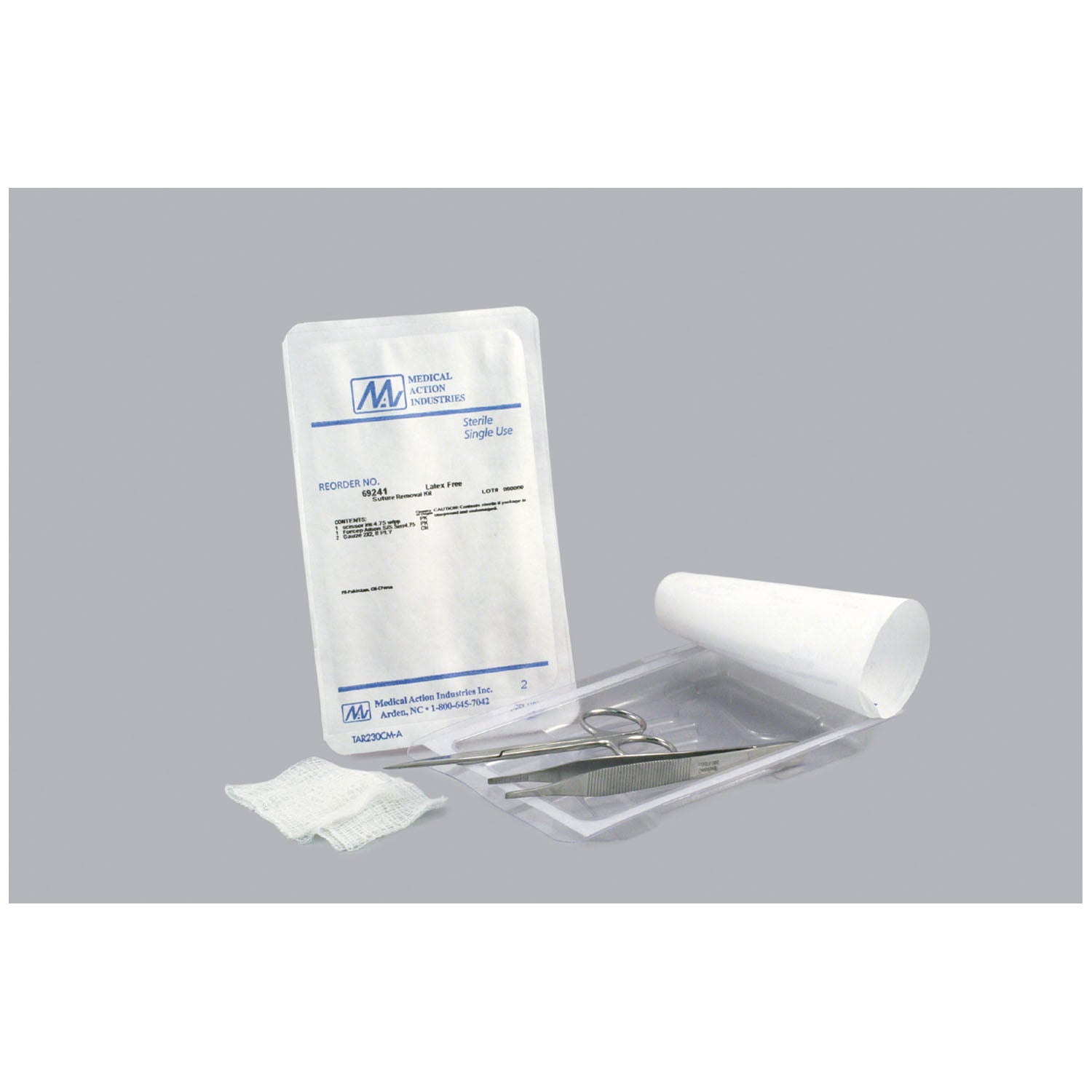 69241 - Medical Action Industries - El kit para retirar suturas incluye: (1) fórceps (Adson SS 4¾"), (1) tijera (Iris SS 4¾"), (2) gasas de 8 capas de 2" x 2", 50 kits/caja (pedido mínimo de 20 cajas)