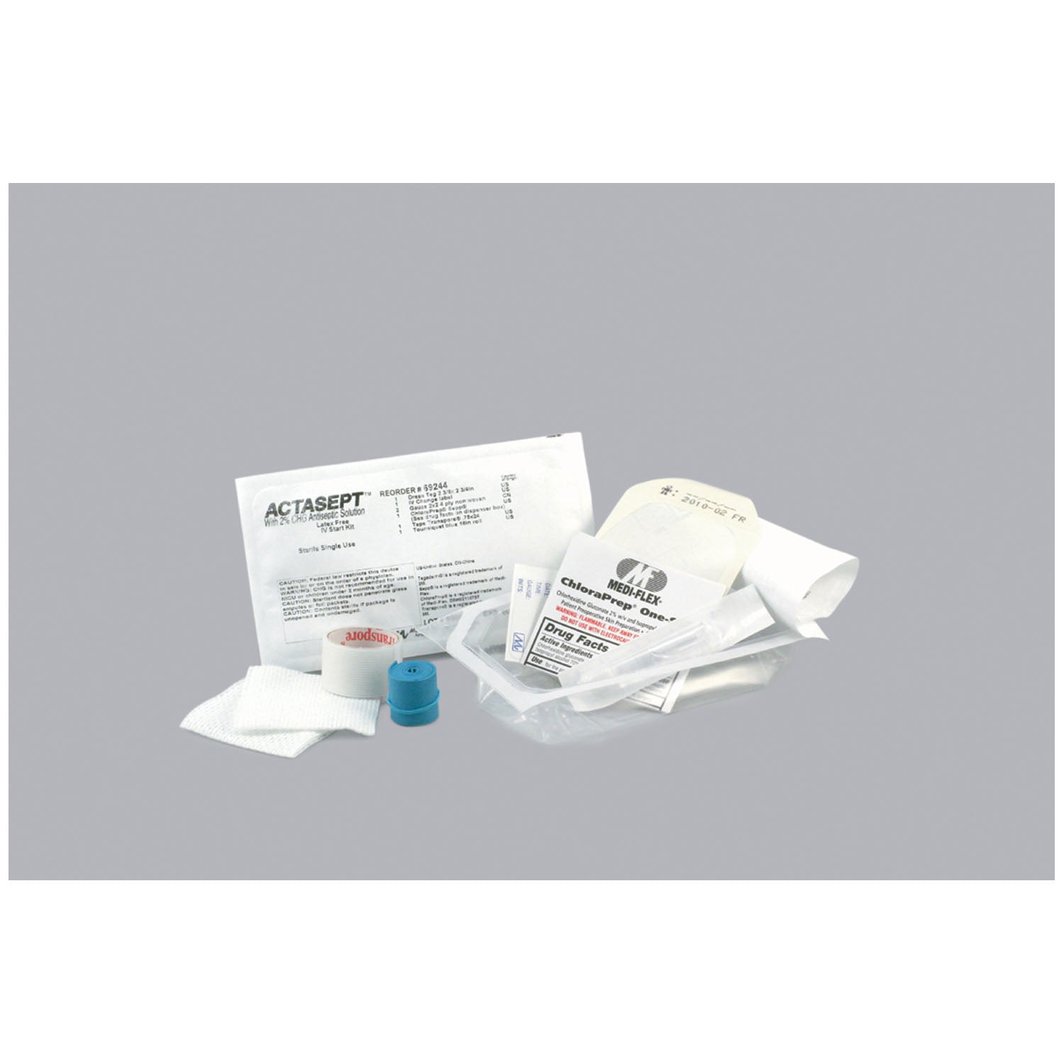 69244 - Medical Action Industries - IV Kit Includes: (1) Halyard Transparent Dressing, (2) 2" x 2" 4-Ply NW Gauze, (1) Chloraprep Sepp, (1) Transport Tape Roll 24", (1) Tourniquet, (1) Change Label, 100kt/cs , cs