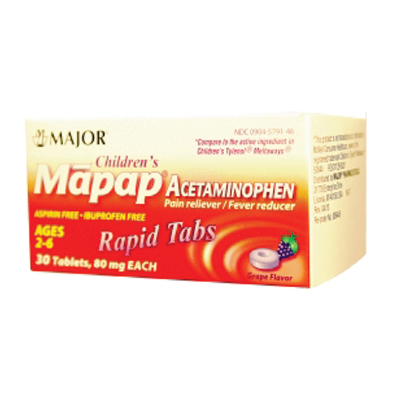 006446 - Major Pharmaceuticals - Mapap, 80mg, Rapid Melt Tablets, 30s, Grape, Compare to Tylenol® Melt Tabs, NDC# 00904-5791-46 (US Only) (Products cannot be sold to retail stores or online retailers such as Amazon, Walmart, eBay, Alibaba, etc.) , ea