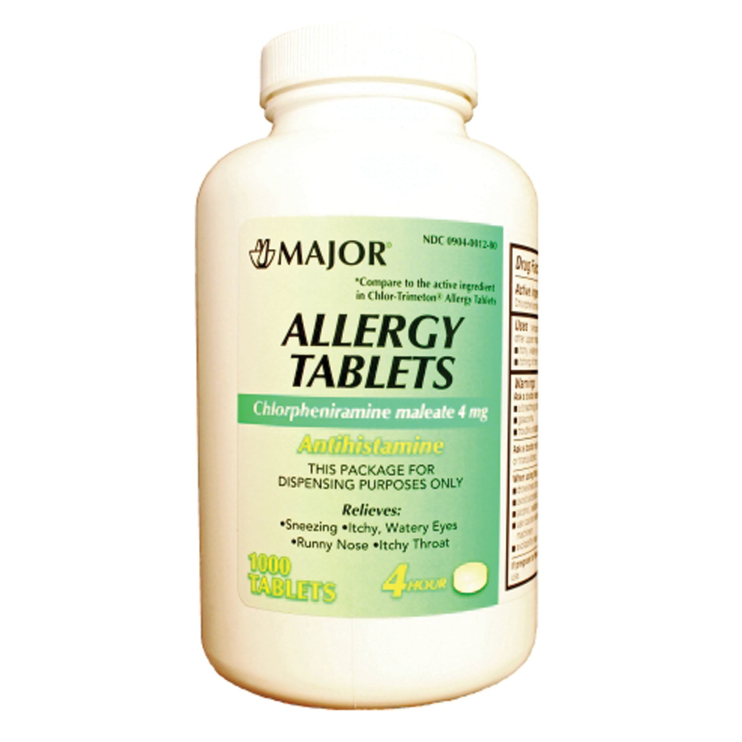 235937 - Major Pharmaceuticals - Chlorpheniramine, 4mg, 1000s, Compare to Chlor-trimeton®, NDC# 00904-0012-80 (US Only) (Products cannot be sold to retail stores or online retailers such as Amazon, Walmart, eBay, Alibaba, etc.) , ea