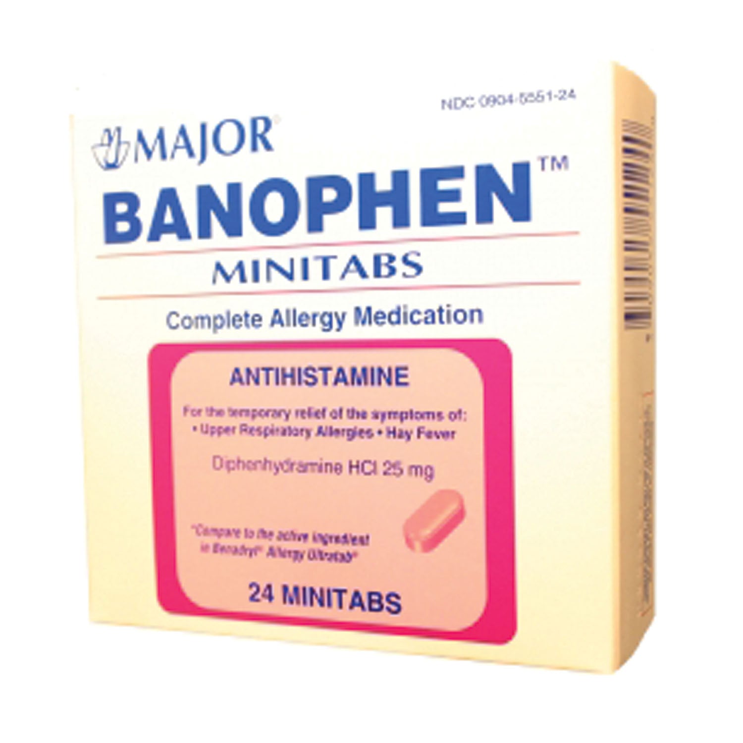 250050 - Major Pharmaceuticals - Banophenā¢, Mini-Tabs, 25mg, 24s, Compare to BenadrylĀ® Mini-Tabs, 24/cs, NDC# 00904-5551-24 (US Only) (Products cannot be sold to retail stores or online retailers such as Amazon, Walmart, eBay, Alibaba, etc.) , cs